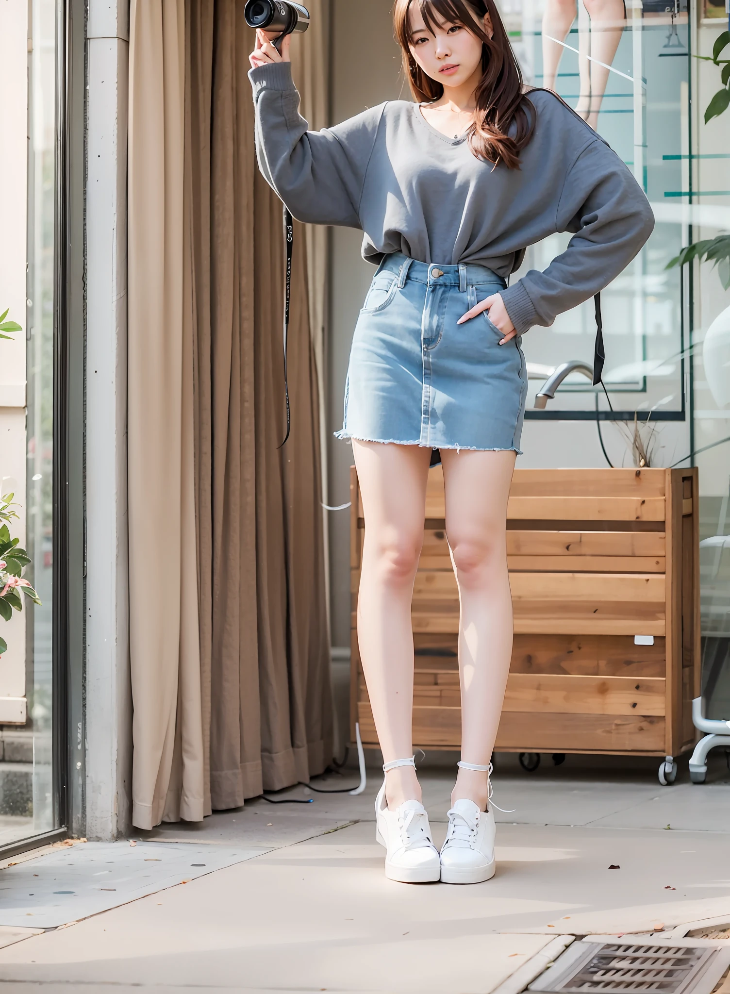 A woman stood on the sidewalk，holding a camera, Long thin legs, mini jeans skirt, Short denim pants, korean women's fashion model, short skirt length, full body cute young lady, casual modern clothing, casual clothing style, modern casual clothing, skinny waist and thick hips, chics clothes, Good hips and long legs, wearing casual clothing