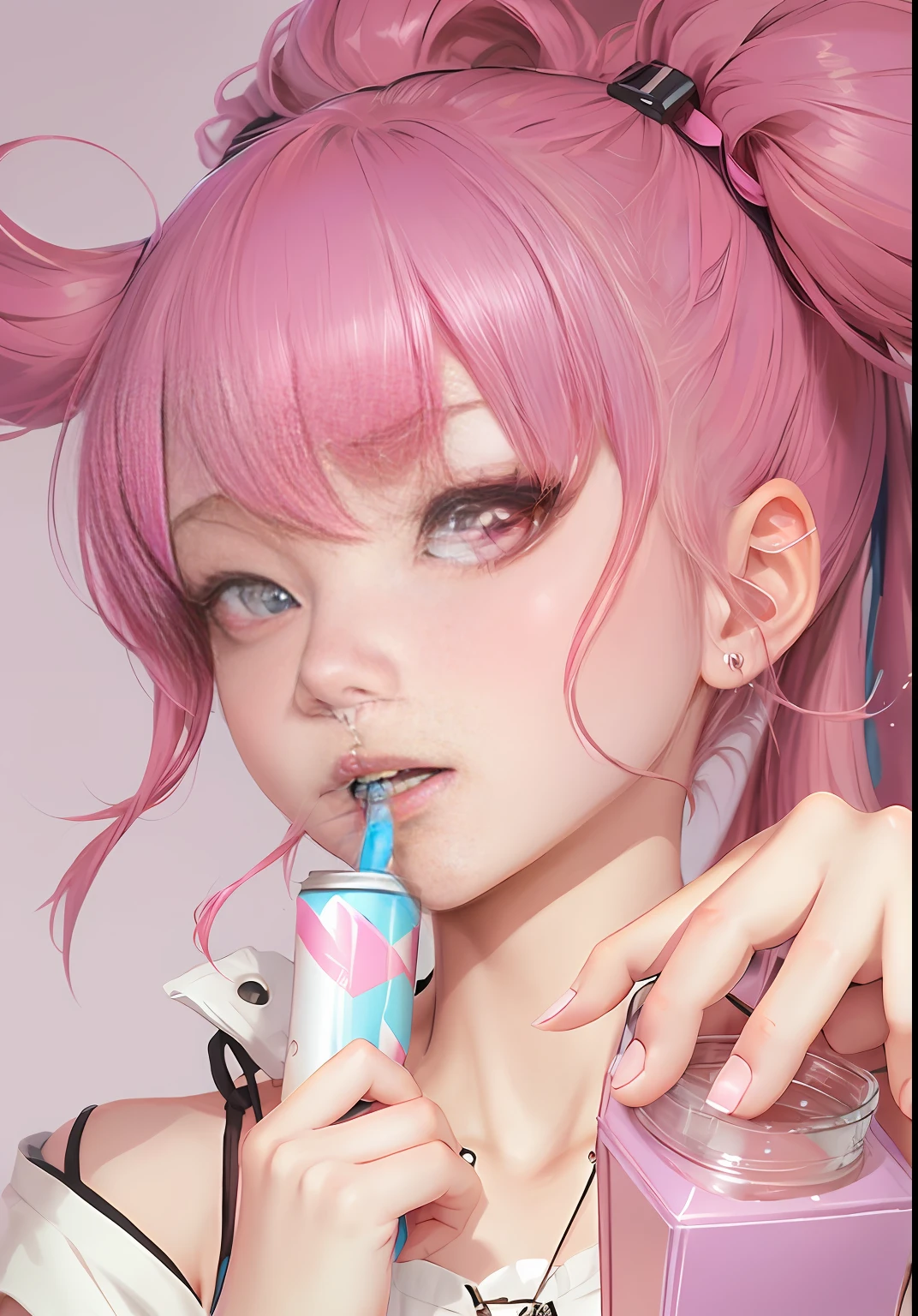 anime girl with pink hair and pink eyes holding a cup of liquid, anime girl drinks energy drink, pink twintail hair and cyan eyes, clean detailed anime style, anime style illustration, detailed portrait of an anime girl, digital anime illustration, anime style hyper detailed, anime style portrait, close up of a young anime girl, low res, seductive anime girls