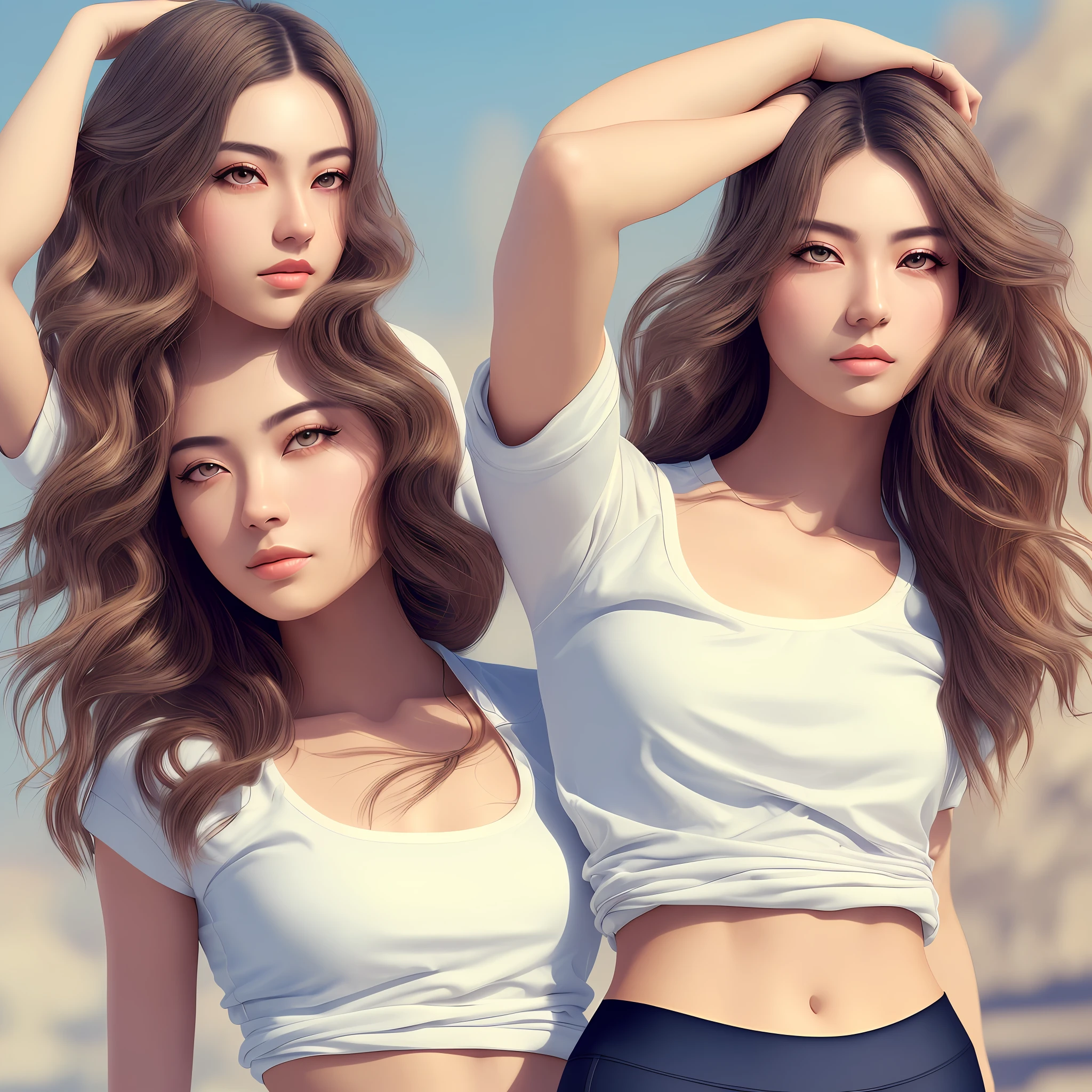 (hyperrealistic), (illustration), (high resolution), (8K), (extremely detailed), (best illustration), (beautiful detailed eyes), (best quality), (ultra-detailed), (masterpiece), (wallpaper), (detailed face), solo 1 girl, white wavy hair, korean, heterochromic eyes, small moles under the eyes, loose white shirt, yoga pants, big breasts, long legs, tight abs, camel toes, dynamic pose