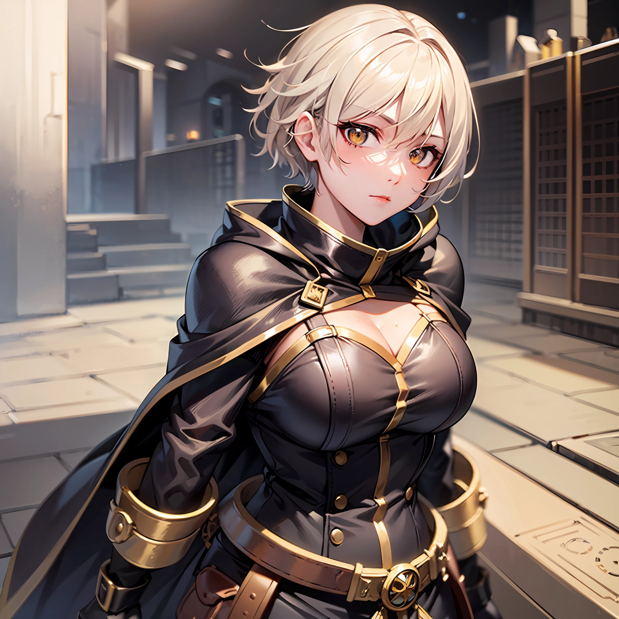 (巨作),(Best quality),(Ultra-detailded),(disheed hair:1.3),(illustration),(1girl huge large breasts),Perfect face,(Best illumination),(best shadow),Determined eyes,looking directly at the viewer,full body detailing,the panorama,Armed with a bow and arrow,Brown cloak,Leather clothes,Adventure attire,iwhite colored hair,short-cut hair,Golden pupils,Golden eyes,crepuscular,solo person,Covered in scars,scars,Battle-hardened,Experienced through vicissitudes。