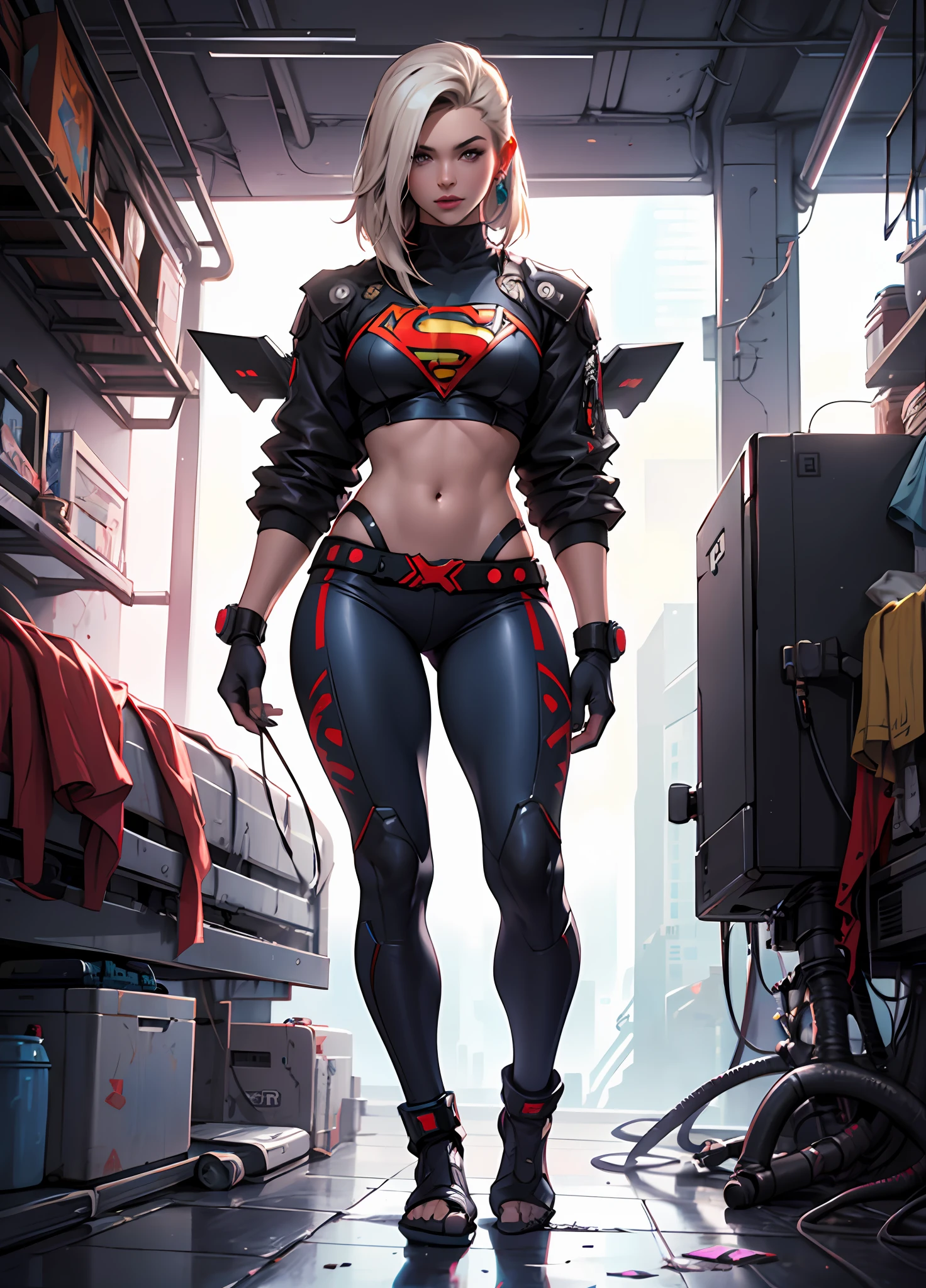 pele molhada, (pele branca), pale skinned, juicy lips, (cabelo totalmente loiro encaracolado), Grandes olhos azuis, peito inchado, juicy lips, abdominais, estilo futurista cyberpunk branco. corpo perfeito, hand perfect, perfect feet. (Loira cyberpunk), cordas cyberpunk brancas, (golden breastplates), meias transparentes brancas cyberpunk. Ela deitada em uma cama futurista em StarCraft cyberpunk futurista preto e branco. Ler um tablet, toca o cabelo, visible whole body, Supergirl Cyberpunk Superheroine Costume. --auto