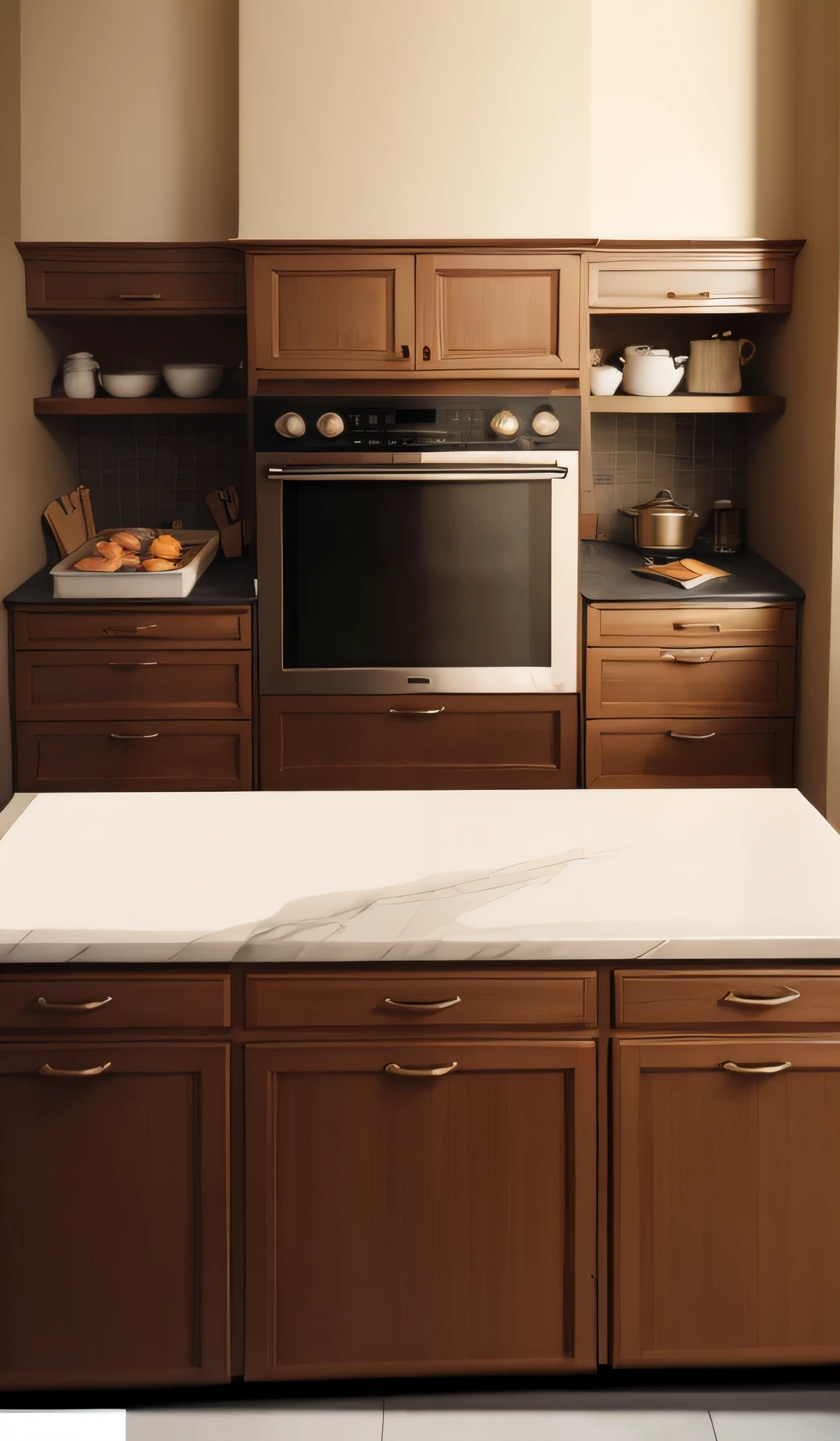 The kitchen with wooden cabinets is equipped with an oven。, kitchen counter, artistic pose, marble countertops, old kitchen backdrop angled view, scenic full shot, glossy surface, polished white marble, exquisite marble details, rectangle white porcelain table, a wide full shot, natural wood top, 3/4 view, 3 / 4 view, detailed wide shot, sleek streamlined design, an award winning masterpiece, exquisitedetails, Soft natural light, Bottom angle, close establishing shot, unbeatable quality, hyperrealistic”, ultra realistic”, detailed wide shot, exquisite fine details, Incredible quality, immaculately detailed, true realistic image, professional unique masterpiece, subtle detailing,