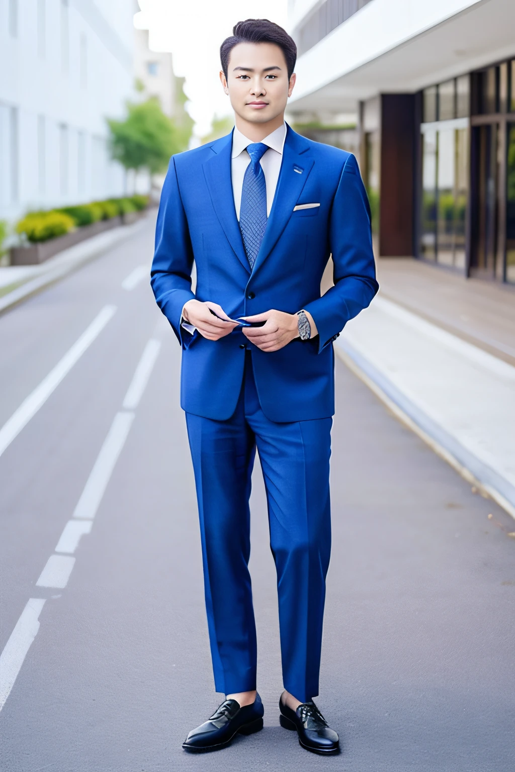 1 guy, Luxury suits、Luxury Watches、Blue tie、Whole human body、Polite way of standing like a hotel man、Both feet land on the ground from toe to heel、Realstic、a photo、portfolio、4k