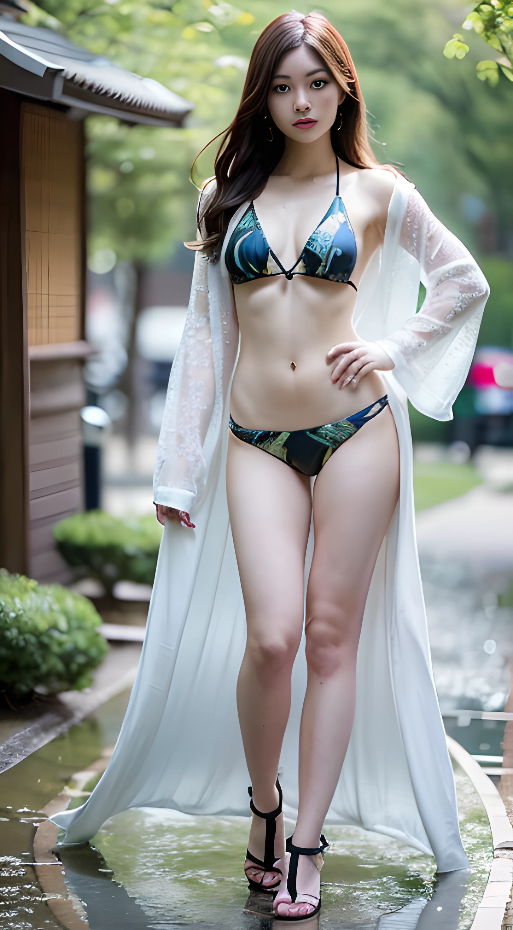 (Masterpiece, Top Quality: 1.3), (Ultra Detailed: 8k CG: 0.2), (Ultra Realistic: 1.35), (Photorealistic: 1.45), (Realistic: 1.5), Posing, Standing, Beautiful Japan Woman, 25 years old, Supermodel, Gorgeous, Japan Idol, (Flat Breasts), {Park Fountain in Background}, Reflection Light, Beautiful Elegant Bikini Top with Ultra Ultra Mini Skirt, Long Hair, Slender eyes, wavy hair, long legs, constricted waist, full body, oversized sheer cardigan, as if taken from the front