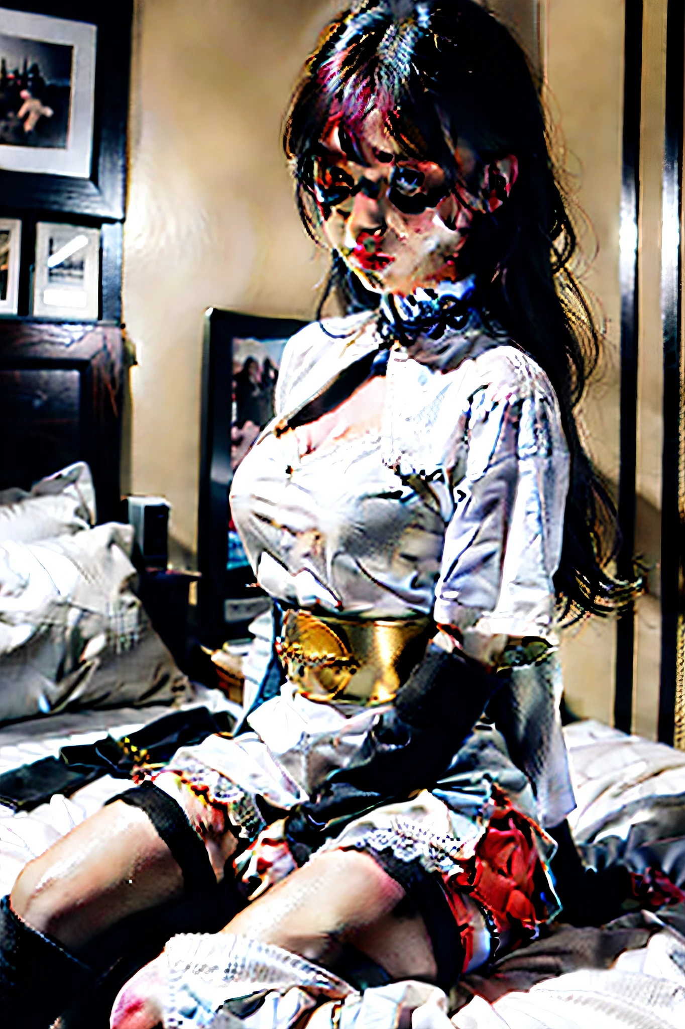 (Best Quality, Masterpiece: 1.1), (Fidelity: 1.4), 1 Girl, Upper Body, Very Short Hair, Studio, BDSM, slave, Black Corset, Bondage, Slave Collar, Slave, Panties, Woman Tied With Rope, Blindfold, Handcuffs, Bondage, BDSM, Bound