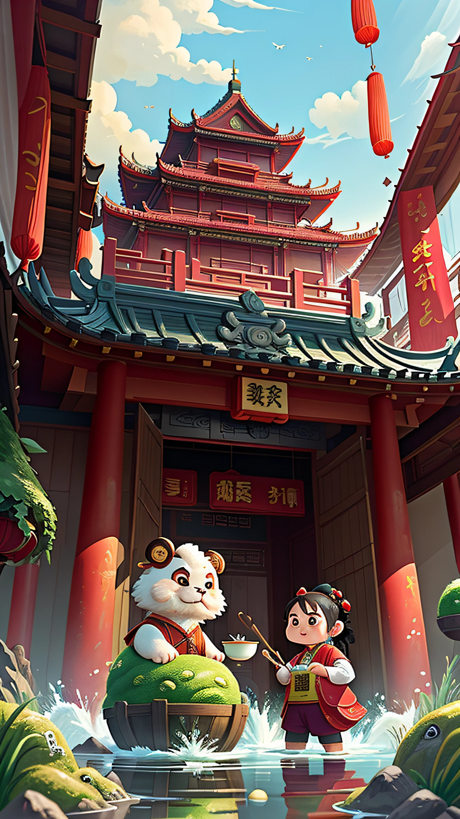 (Datang architecture, Full of Chinese charm, Flowing auspicious clouds and drama，People who perform Peking Opera，Mu Guiying, The blue sky) --auto