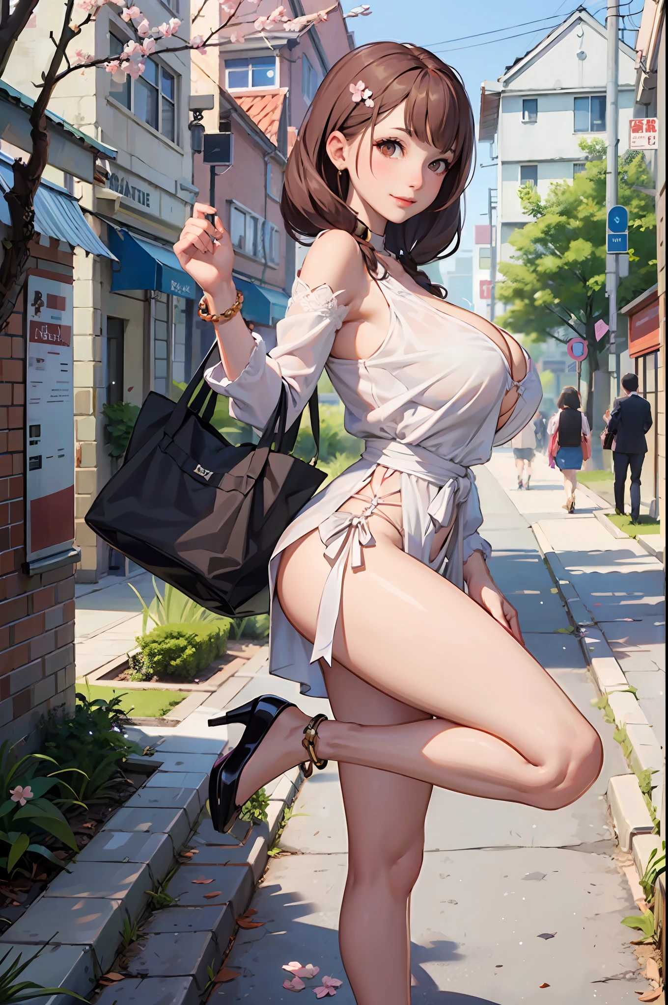 masterpiece, best quality,1girl,young girl,brown eyes,drill hair,evil smile,shiny skin,(nice leg line:1.3),thick thighs,thin waist,huge breasts
BREAK
, White_lace_midi_dress, nude_heels, pearl_hairpins, beaded_anklet, woven_tote_bag,
BREAK
, Street_lined_with_blooming_cherry_blossom_trees,,crowd,depth of field,looking at viewer,standing,from side,full body,legsupsexms