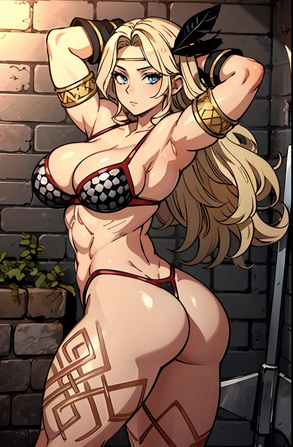 (masterpiece, best quality:1.2), 1girl, looking at viewer, amazon, dragons crown, bikini armor, expressionless, holding halberd,  armlet, muscular female,  breasts, black gloves, gloves, thighs, (thick thighs, large ass:1.1), tattoo, navel, obliques, long hair, cleavage, swimsuit, feather hair ornament, blonde hair, abs,  circlet, large breasts, feathers, turned around, bent over, cameltoe, (dungeon, murky, fantasy setting, brick walls:1.1)