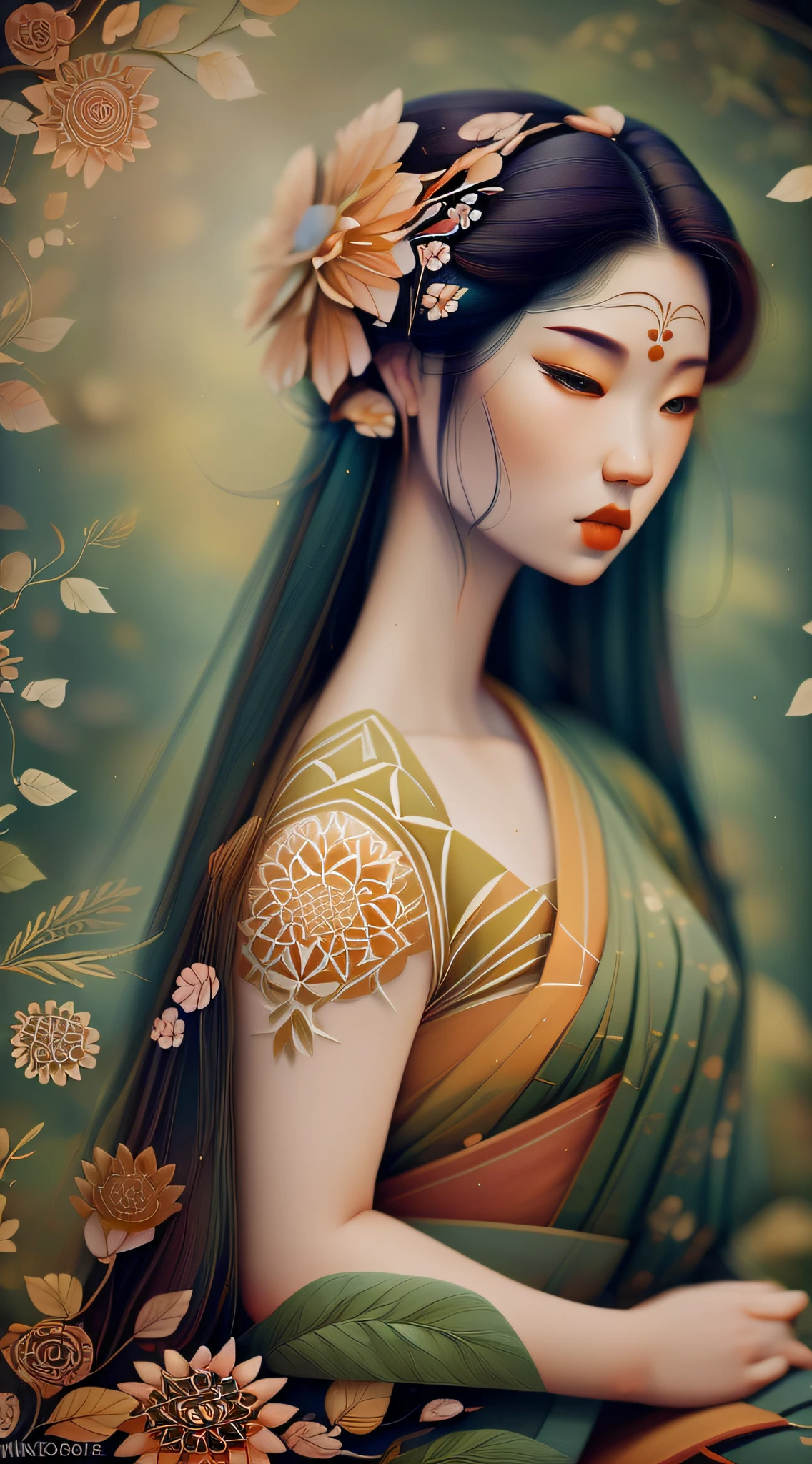 1sexy geisha girl with forest clothes, flowers, leaves, glossy hair (background: mandalas, fractal), ankymoore