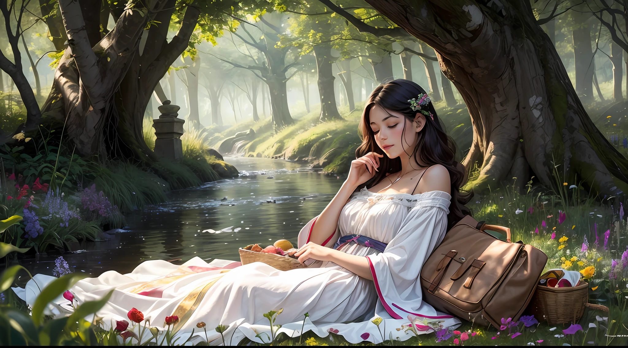 In a serene meadow, a woman delights in a picturesque picnic, a tableau of comfort and tranquility. She reclines upon a patchwork blanket, clad in a flowing sundress that mirrors the hues of wildflowers dancing in the gentle breeze. The surroundings echo her bliss, with a canopy of ancient trees providing dappled shade, and a babbling brook adding a soothing melody. The air carries the scent of freshly cut grass, inviting her to immerse herself in this oasis of cozy contentment. perfect hands, nice hands, two tone lighting, ((close-up))