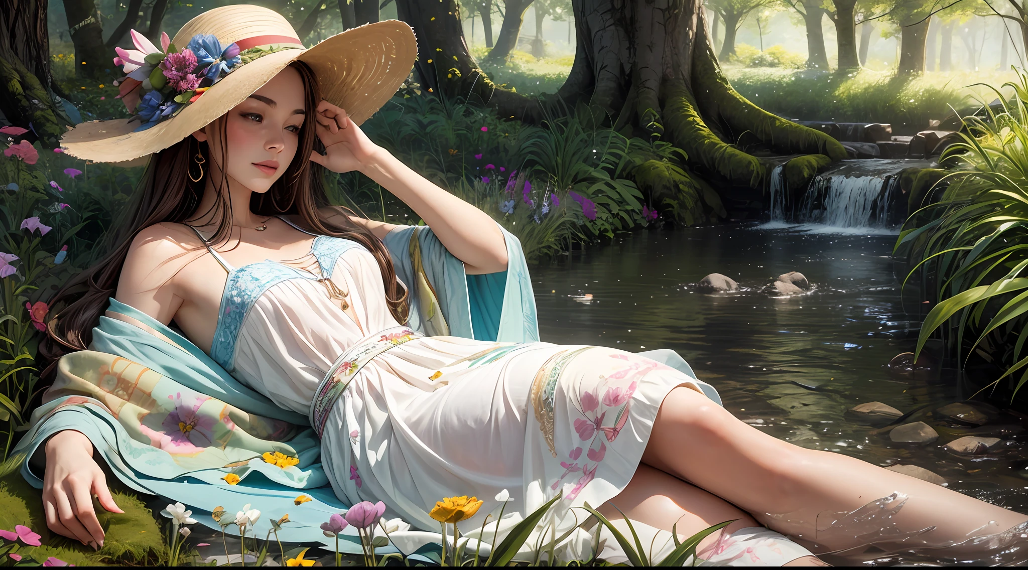In a serene meadow, a woman delights in a picturesque picnic, a tableau of comfort and tranquility. She reclines upon a patchwork blanket, clad in a flowing sundress that mirrors the hues of wildflowers dancing in the gentle breeze. The surroundings echo her bliss, with a canopy of ancient trees providing dappled shade, and a babbling brook adding a soothing melody. The air carries the scent of freshly cut grass, inviting her to immerse herself in this oasis of cozy contentment. perfect hands, nice hands, two tone lighting, ((close-up))