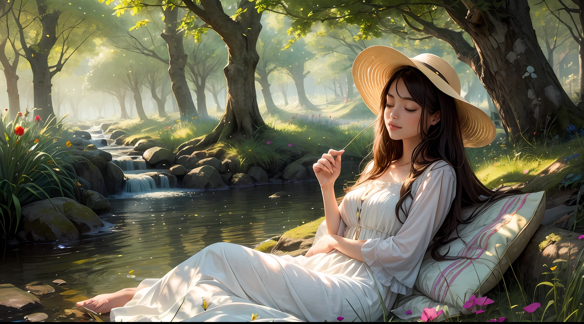 In a serene meadow, a woman delights in a picturesque picnic, a tableau of comfort and tranquility. She reclines upon a patchwork blanket, clad in a flowing sundress that mirrors the hues of wildflowers dancing in the gentle breeze. The surroundings echo her bliss, with a canopy of ancient trees providing dappled shade, and a babbling brook adding a soothing melody. The air carries the scent of freshly cut grass, inviting her to immerse herself in this oasis of cozy contentment. perfect hands, nice hands, two tone lighting, ((close-up))