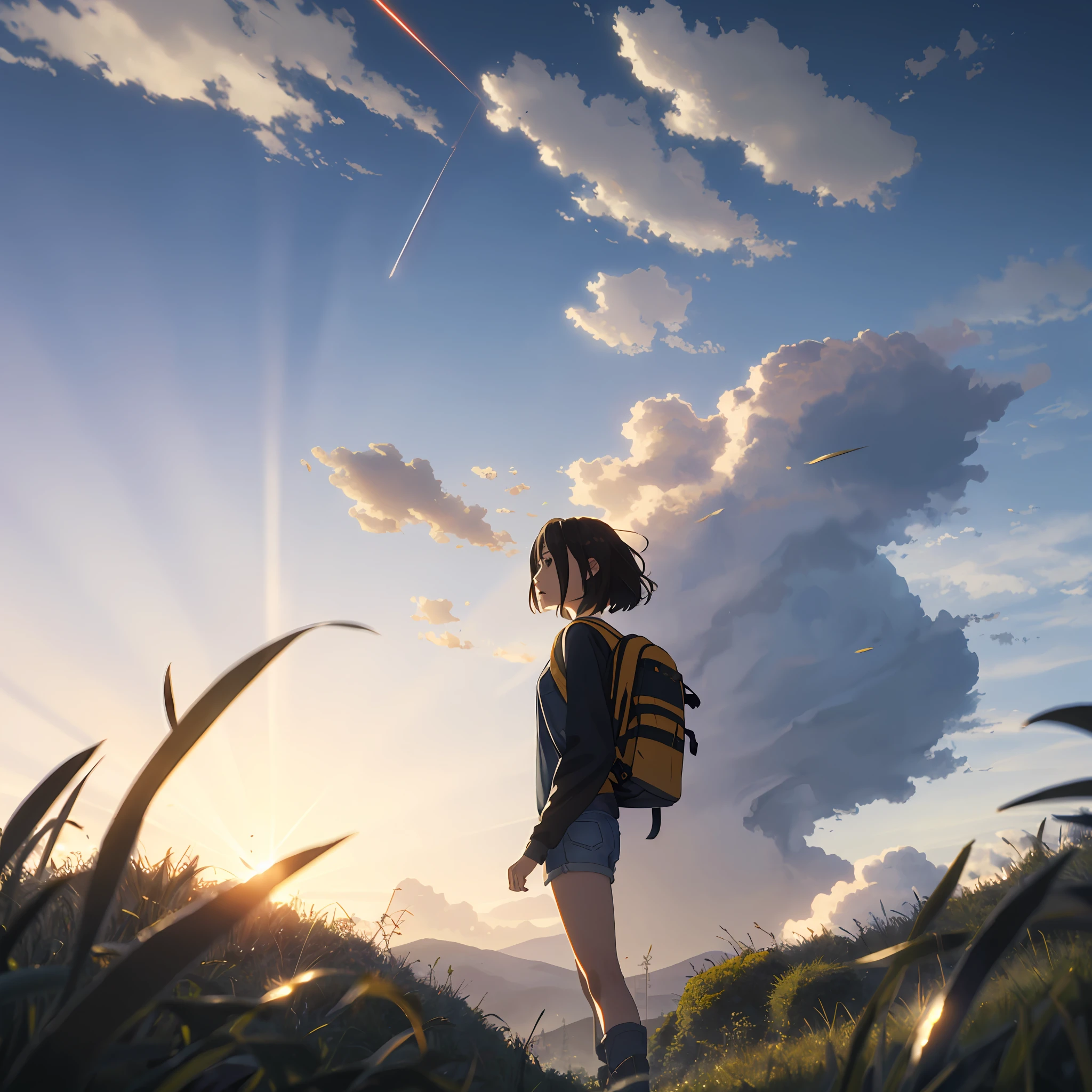 (beautiful and magnificent skyline, majestic sky), (extremely tense and dramatic pictures, moving visual effects), (high hanging Polaris, colorful natural light), (1girl), (long-sleeved top, denim shorts, carrying a backpack), (dynamic pose:1.3, black eyes, black hime-cut hair, sparkling girl)[:0.8], (large grassland), (oncoming breeze), (brown hair and background Coordination effect: 1.2), (close shot, long shot mix and match)[::0.9]