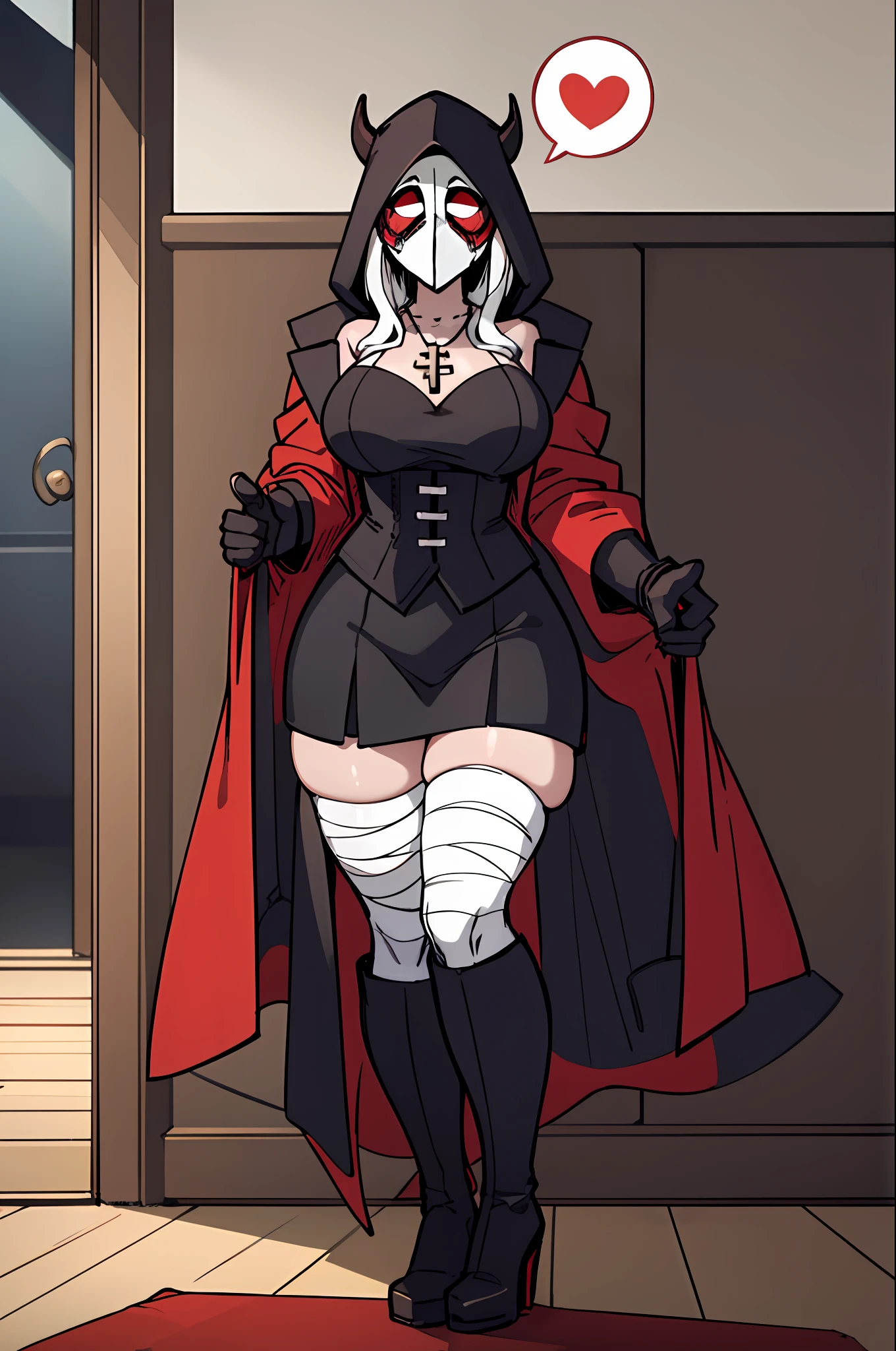 plague doctor, 1girl, solo, hood, mask, gloves, faceless, plague doctor mask, modern house, breasts, arms at sides, wide hips, exposed thigh, embarrassed, heavy blush, blushing, thick thighs, large breasts, indoors, floorboards, window, grey table, nun, bandages, night, cross necklace, thigh high boots, tall leather boots, dark room, heart eyes, (spoken heart), closeup, mature woman, wood door, corset, inviting, dark room, no light, horns on head, demon tail, black white and red outfit, carpet, suit, red black and white background colors, cane, professional,  coat on elbows, coat hanging on elbows, suit, standing over viewer, high heels, white shirt, red inner coat, trench coat skirt, dominant pose,