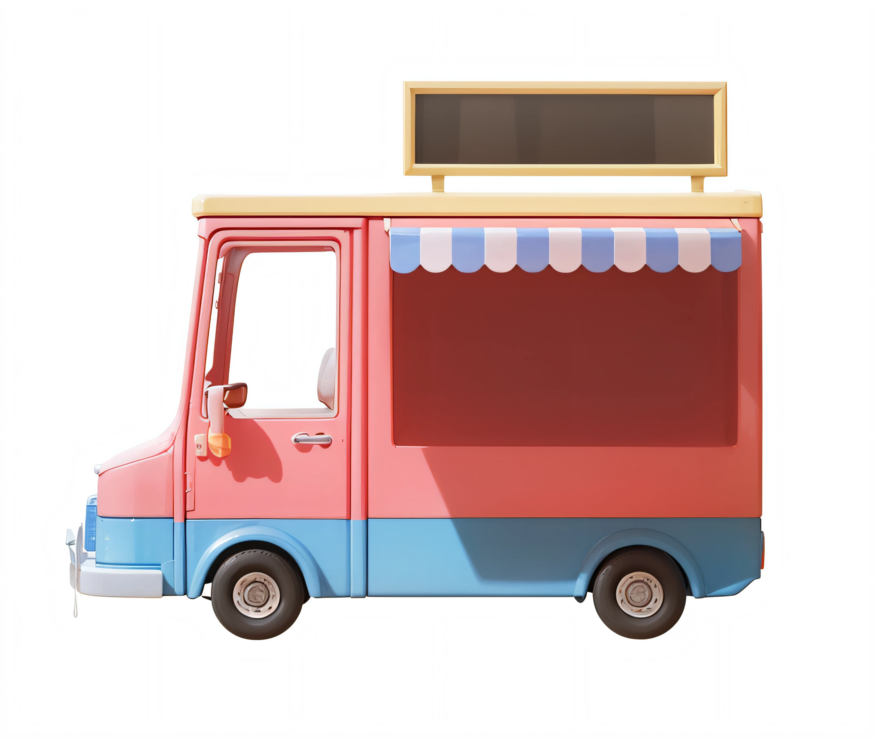 A yellow ice cream truck，(2-dimensional)，Macaron color system，clean and neat，proper，The color block is clear，Bright colors，Beautifully portrayed，8K，（Brand new vehicles），（The picture is fresh and bright），（Clear details）