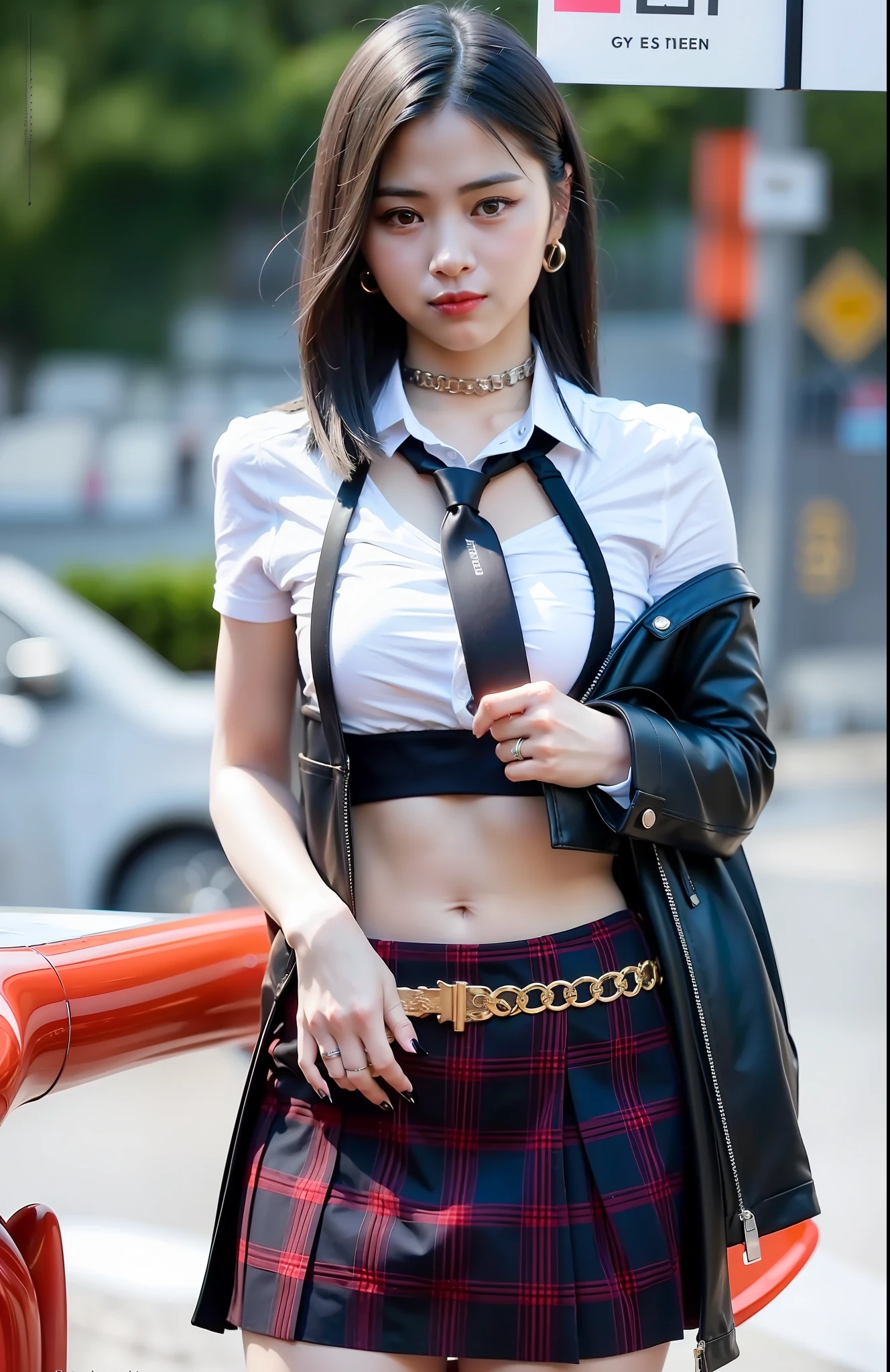 masterpiece, best quality, full body, 1girl, bangs, black choker, black necktie, black hair, blue skirt, blush, bracelet, breasts, choker, clothes around waist, collarbone, collared shirt, cowboy shot, dress shirt, ear piercing, eyebrows visible through hair, gradient hair, grin, gyaru, jewelry, kogal, long hair, looking at viewer, loose necktie, necktie, piercing, plaid, plaid skirt, pleated skirt, red eyes, ring, school uniform, shirt, skirt, smile, solo, white shirt, street, sky, cherry blossoms, petals,illustration, (magazine:1.3), (cover-style:1.3), fashionable, woman, vibrant, outfit, posing, front, colorful, dynamic, background, elements, confident, expression, holding, statement, accessory, majestic, coiled, around, touch, scene, text, cover, bold, attention-grabbing, title, stylish, font, catchy, headline, larger, striking, modern, trendy, focus, fashion,