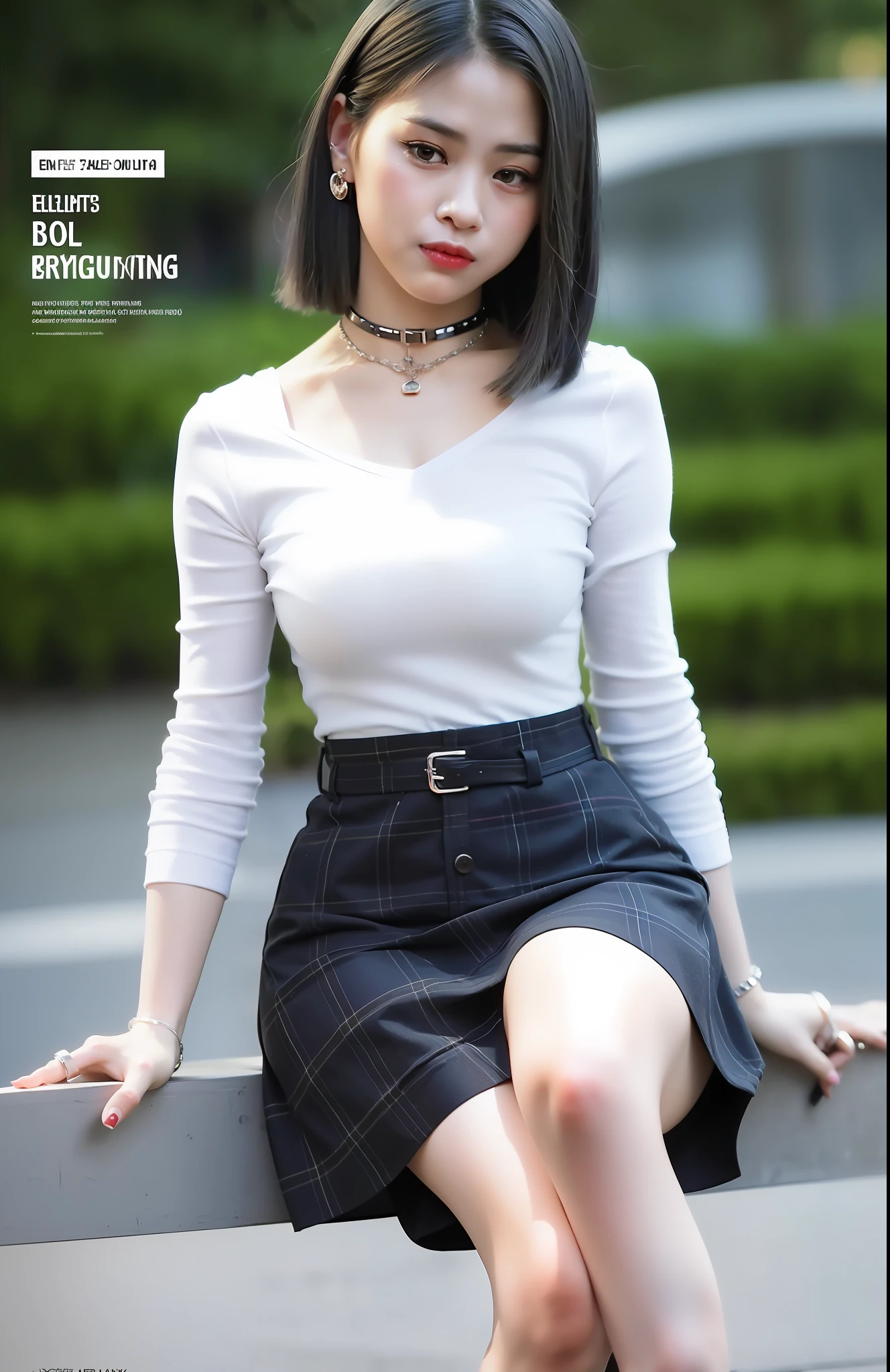 masterpiece, best quality, full body, 1girl, bangs, black choker, black necktie, black hair, blue skirt, blush, bracelet, breasts, choker, clothes around waist, collarbone, collared shirt, cowboy shot, dress shirt, ear piercing, eyebrows visible through hair, gradient hair, grin, gyaru, jewelry, kogal, long hair, looking at viewer, loose necktie, necktie, piercing, plaid, plaid skirt, pleated skirt, red eyes, ring, school uniform, shirt, skirt, smile, solo, white shirt, street, sky, cherry blossoms, petals,illustration, (magazine:1.3), (cover-style:1.3), fashionable, woman, vibrant, outfit, posing, front, colorful, dynamic, background, elements, confident, expression, holding, statement, accessory, majestic, coiled, around, touch, scene, text, cover, bold, attention-grabbing, title, stylish, font, catchy, headline, larger, striking, modern, trendy, focus, fashion,
