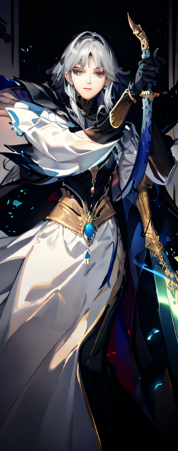 a drawing of a woman with a sword and a cloak,Pretty Women，Dark green cloak，Silver dagger，Jeweled belt，black color hair，