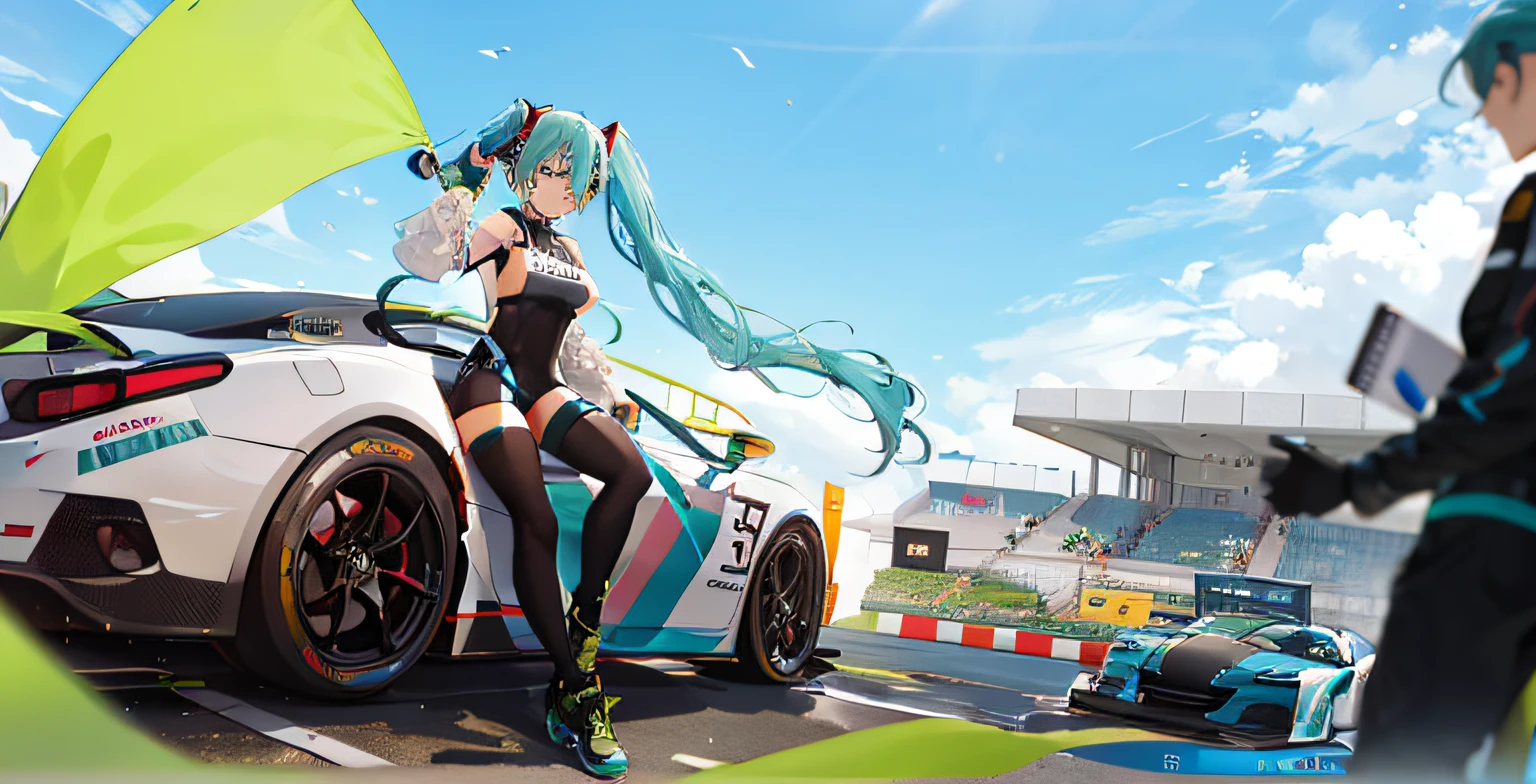 Anime girl with long green hair sitting in white sports car, Big breasts Hatsune Miku!!!Pisif 3DCG, mikudayo, Pisif style, vocaloid, Pisif Contest Champion, hatsune miku short hair, Double ponytail black_mitts, Highest rated on Pisif, Pisif, Happy!!!, Race track,Racing Tracks,nmasterpiece!!HD paintings!!White sports car!!Race track!!