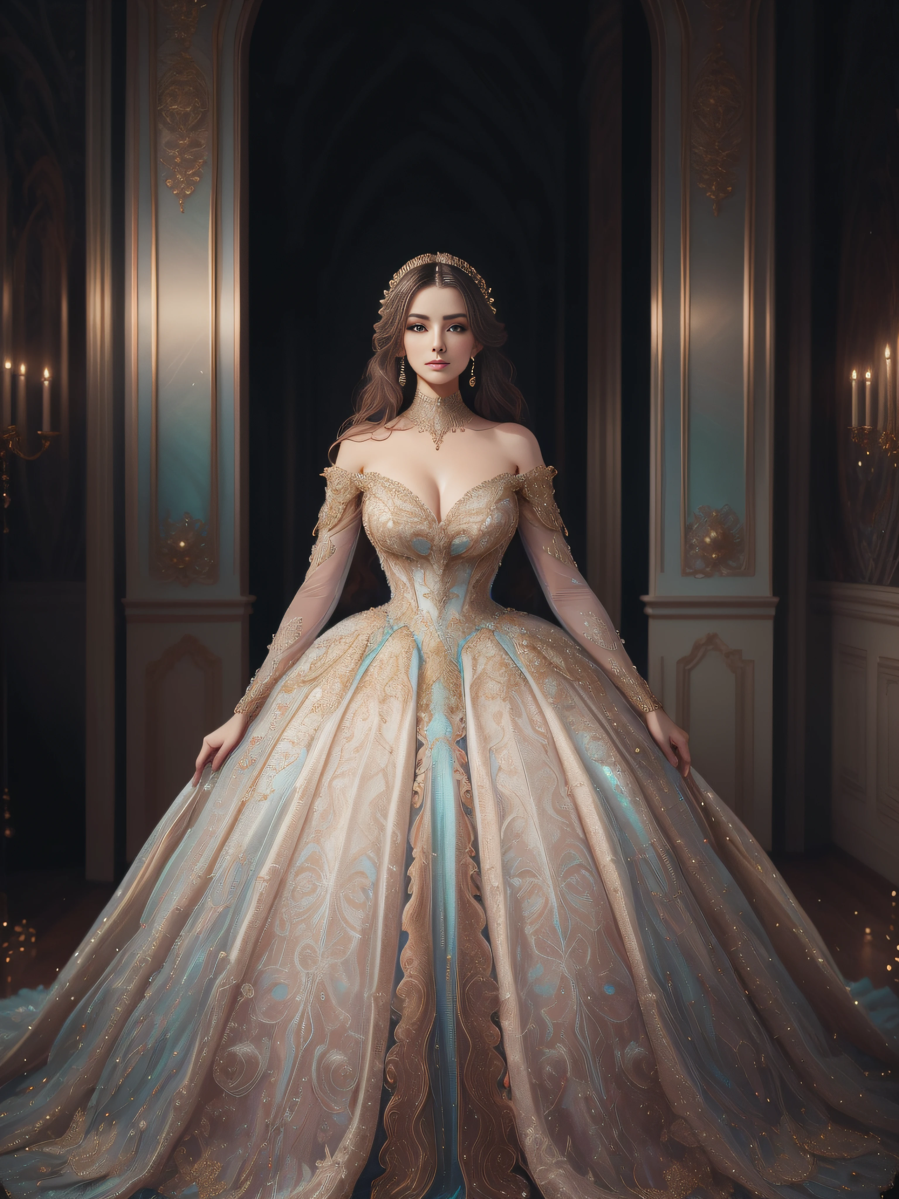 a goddess wearing a majestic light teal and gold ball gown dress, big beautiful dress, intricate puffy ball gown with lots of ruffles and rhinestones (Masterpiece, Top Quality, Best Quality, Official Art, Beautiful and Aesthetic: 1.2), (1 Flower), Full Body, Extremely Detailed, (Fractal Art: 1.3), Colorful, Most Detailed