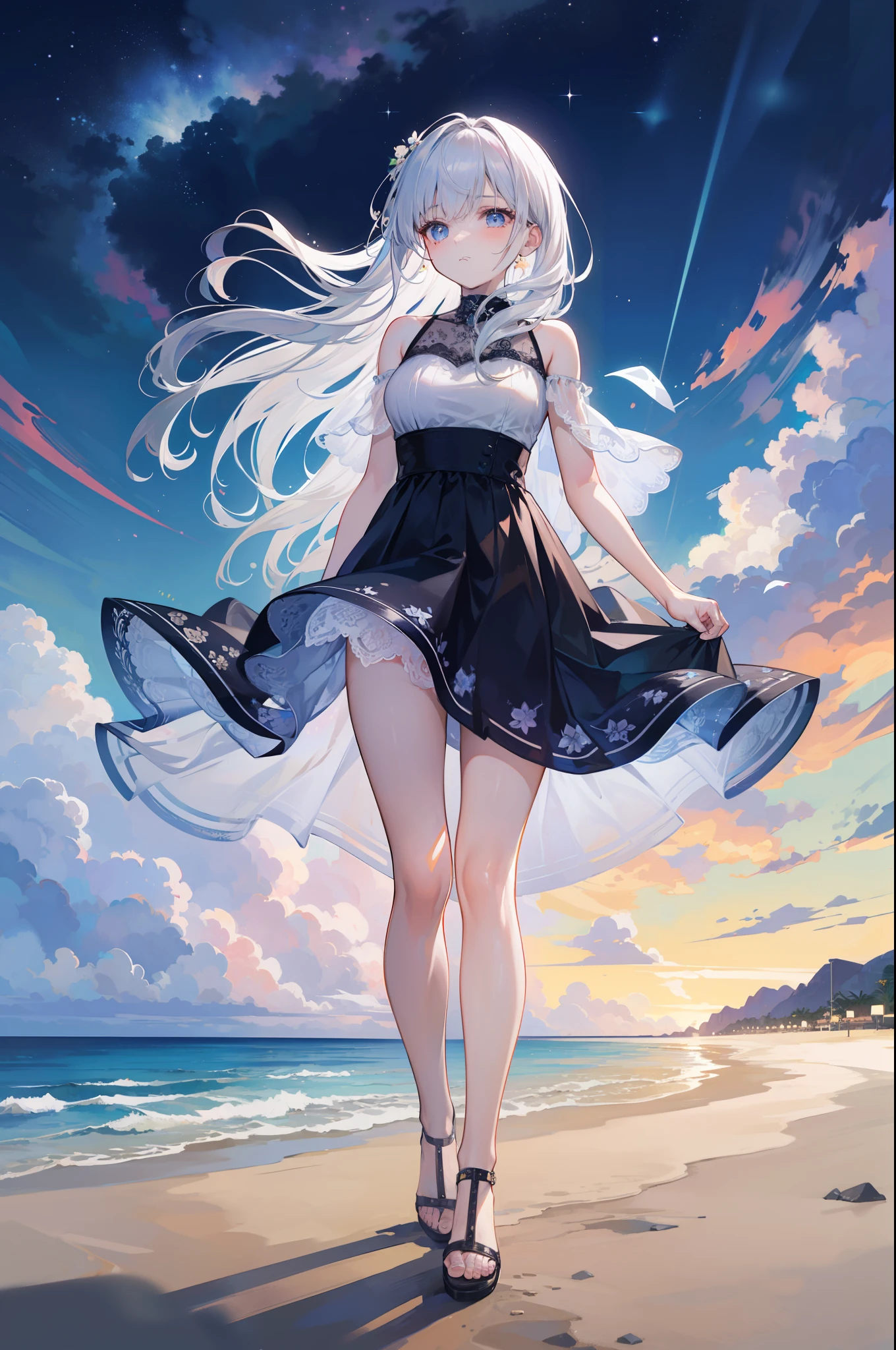 (Whole human body, Full View, Animated picture, Beautiful 20 year old girl walking on the beach at starry night, shiny silver hair, Head height model, Beautiful lace floral dress, Hair and skirt fluttering in the wind, Diagonal angle, Starry sky, Beach with night view, A dark street lit by starry moonlight, Superb quality, Hi-Def, Delicate depiction)