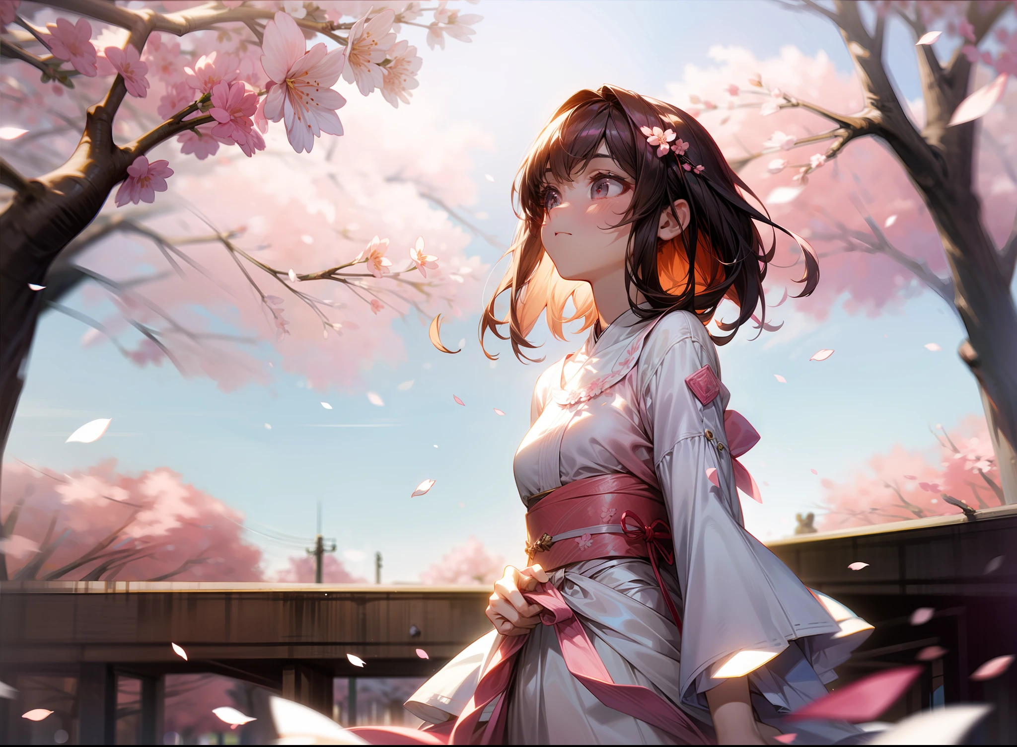 (masterpiece), best quality, ultra-detailed, extremely detailed CG unity 8k wallpaper,beautiful girl with bangs, white and pink dress, pink ribbon, looking upwards with a determined expression, cherry blossom petals, sakura trees in the background, soft lighting and shadows.
