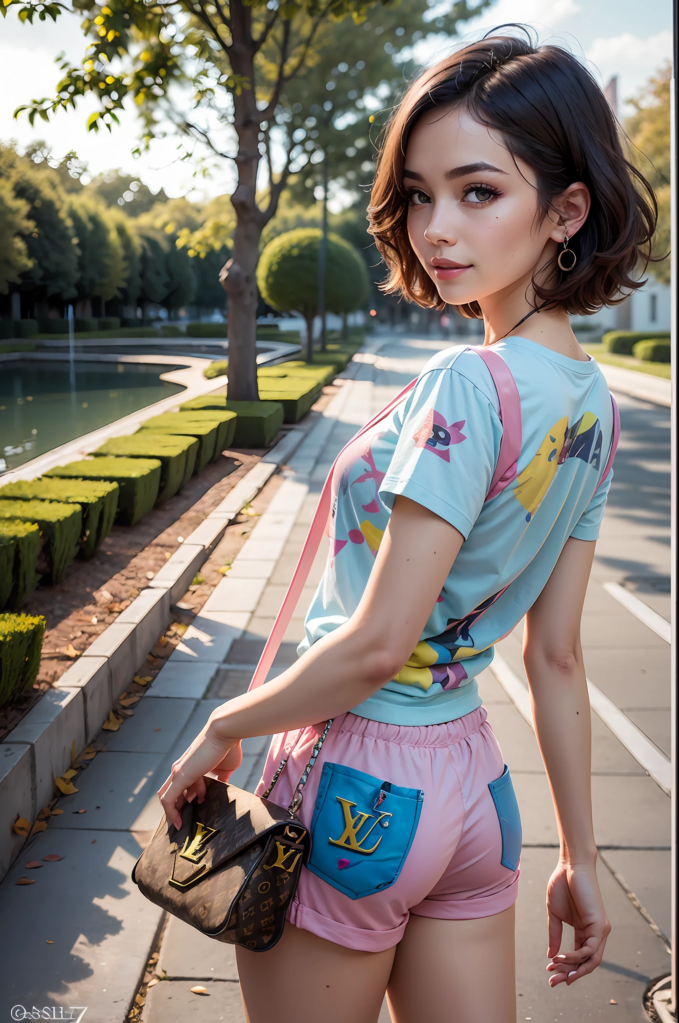 (Detailed eyes and skin: 1,2), (Realistic lighting: 1,1), (realistic shadows: 1,1), ((Best Quality)), (detailing), 8K UHD, Nikon 70d, ISO200, f/2,8, 1/ 25sec, 70mm, (isabelmoner-smf, dora), Mascara eyeliner, handbag "Louis Vuitton", shorts, Brunette, T-shirt short sleeves "Gucci", Looking Back, pink sneakers, Cyan eyes, looks at the viewer, a smile, socks, Short Inch Hair, The whole body, from behind, quiff, Solo Focus, plant, tshirt, lips, realisti, park, By the pond