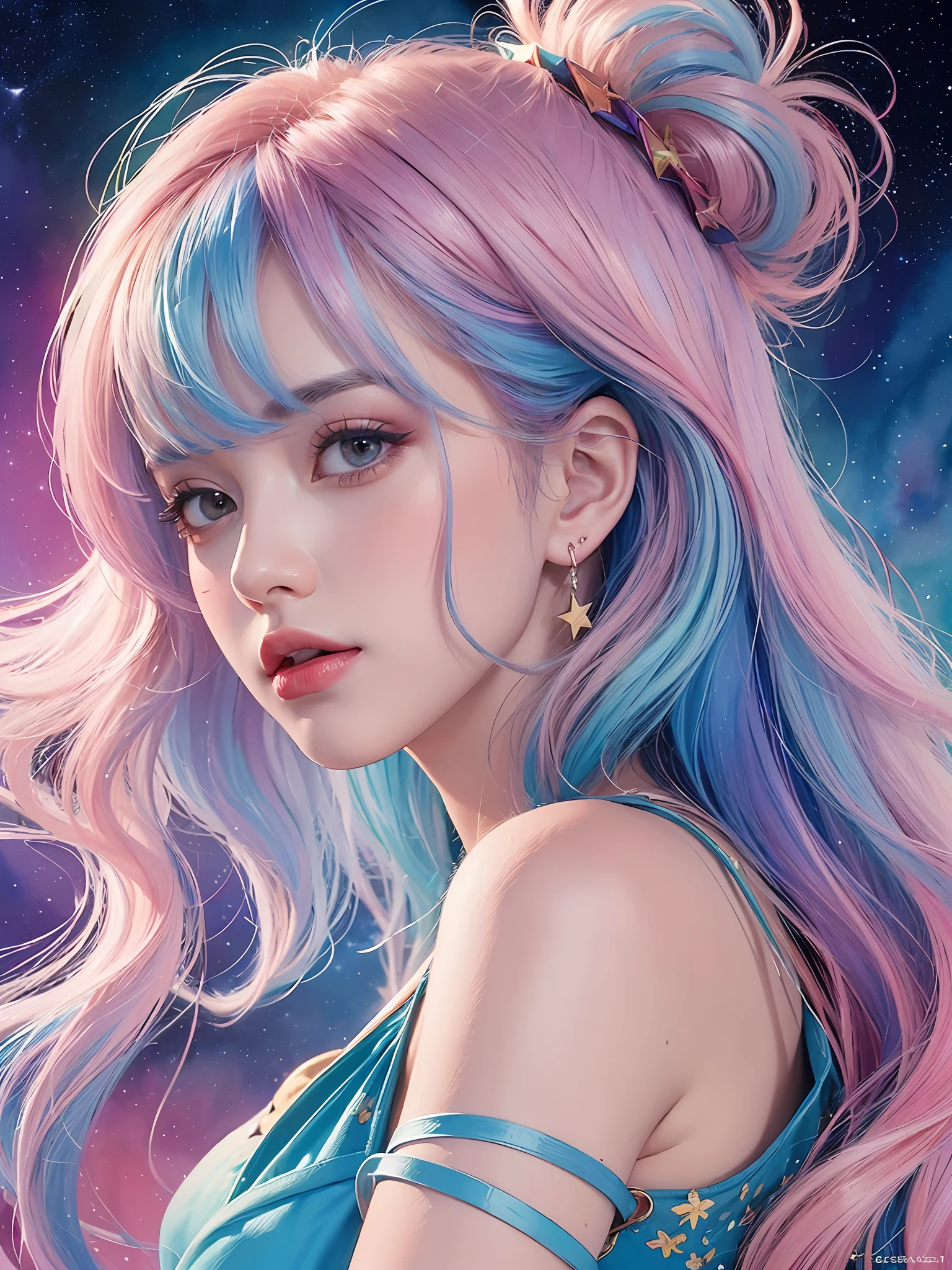 (masterpiece, top quality, best quality,watercolor (medium),official art, beautiful and aesthetic:1.2),(1girl:1.3), (fractal art:1.3),upper body, from side, looking at viewer,patterns,(rainbow color Hair,colorful hair,half blue and half pink hair:1.2),water,liquid, cloud,colorful, starry,stars,