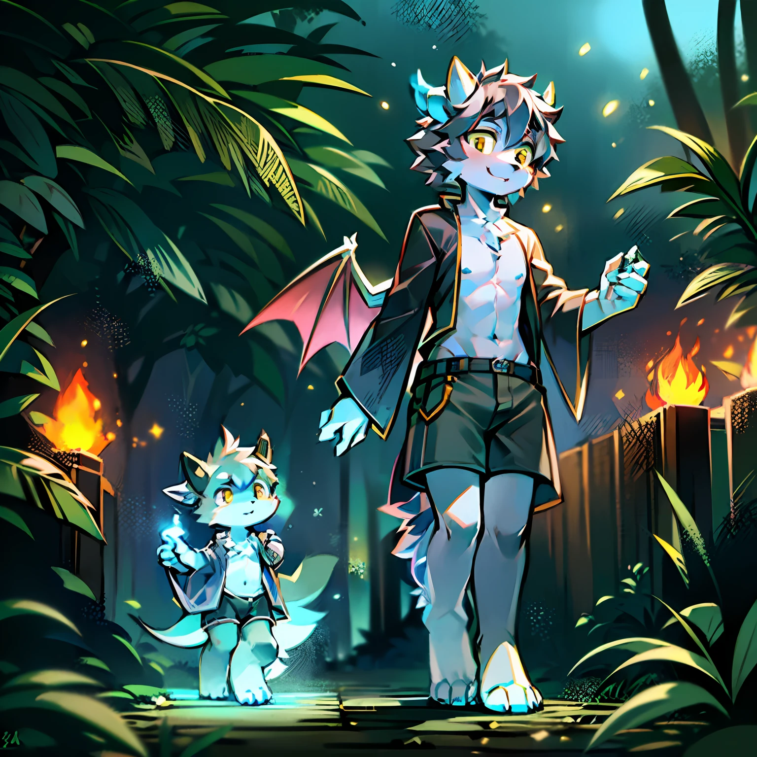 of the eyes, the panorama, Character focus ,Full body like,Sideways portrait,独奏, shaggy, Correct human anatomy。Furry male wolf(Dragon and wolf combined), Male blue-white skin, One blue and one yellow eye,(A pair of dragon wings), Gray hair(The long),There is a pair on the forehead(small nipple)blue horns。fluorescence,In the rainforest,夜晚,bonfires,shortsleeves,Gray shorts,walk,Pathfinding,looking around a corner,Young style,Height one meter seven,Handsome, There is a wolf tail,high-definition,8K,1440*2048