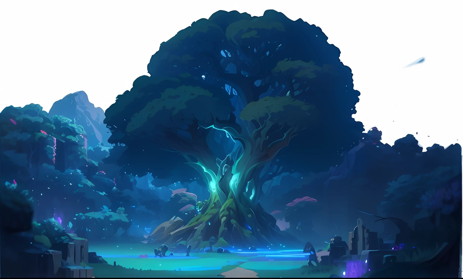 cartoon style image of a tree in a forest with a path, arte de fundo, background artwork, painted as a game concept art, style of duelyst, concept art of a dark forest, 2 D game art background, concept art magical highlight, Stylized concept art, finished concept art, made of tree and fantasy valley, magical fantasy 2 d concept art