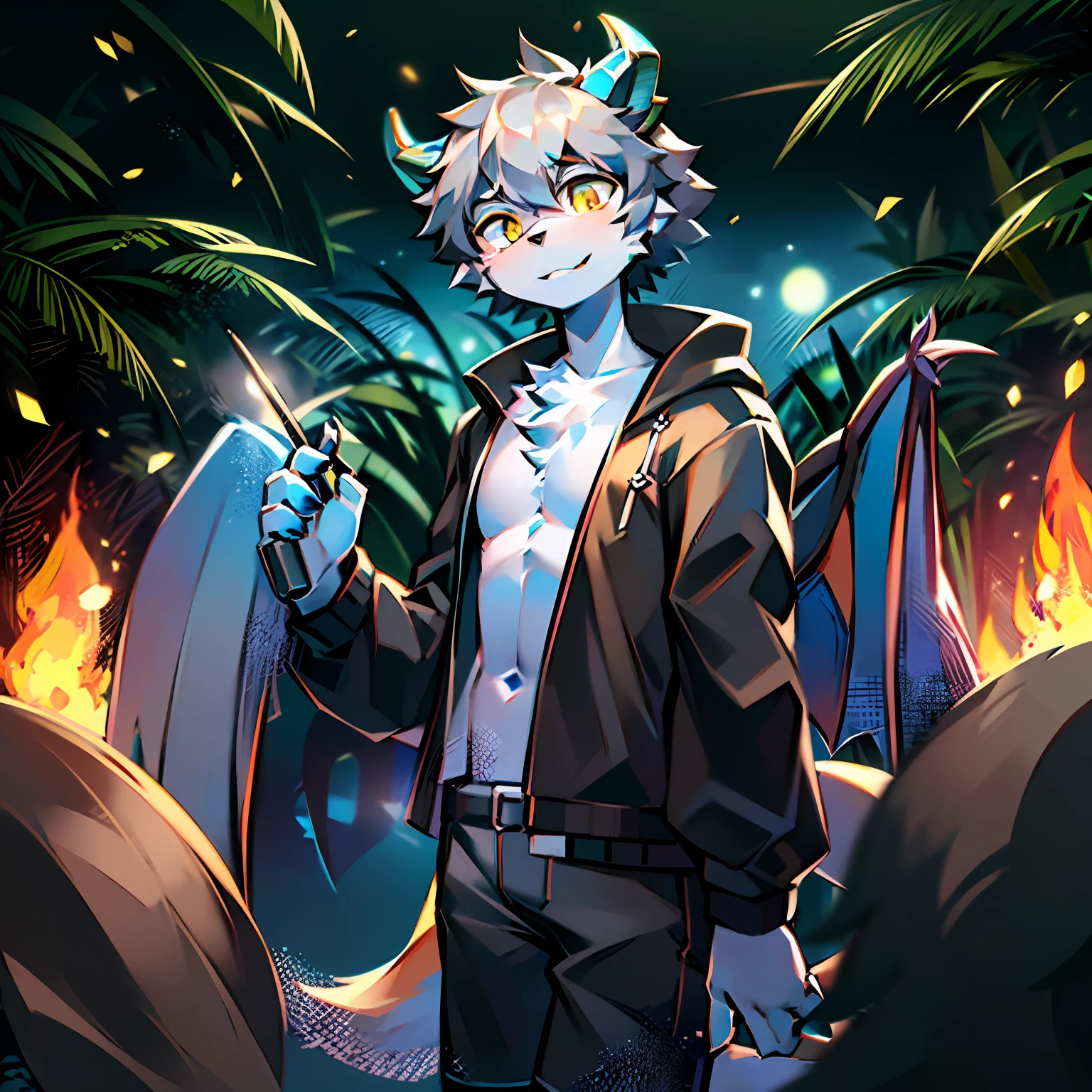 of the eyes, the panorama, Character focus ,Full body like,Sideways portrait,独奏, shaggy, Correct human anatomy。Furry male wolf(Dragon and wolf combined), Male blue-white skin, One blue and one yellow eye,(A pair of dragon wings), Gray hair(The long),There is a pair on the forehead(small nipple)blue horns。fluorescence,In the rainforest,夜晚,bonfires,shortsleeves,Gray shorts,walk,Pathfinding,looking around a corner,Young style,Height one meter seven,Handsome, There is a wolf tail,high-definition,8K,1440*2048
