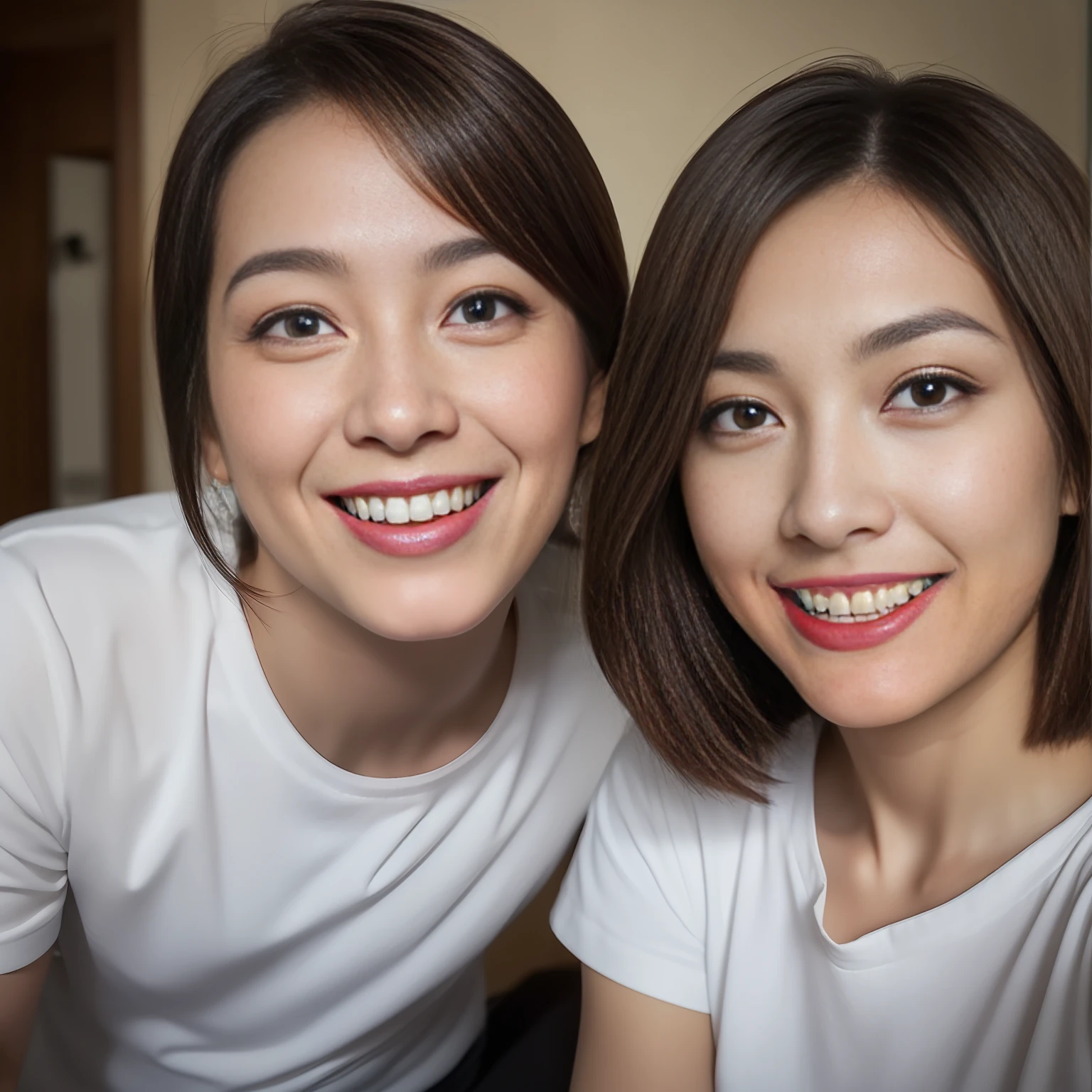 ((beste-Quality、in 8K、A masterpice:1.3))、Cool Men、smile on face、real-looking-skin、Upper bust、 Slim Faces、(dark brown hair)、Big T-shirt、Detailed eye、双眼皮、inside room、Slim Faces、room、Sitting on the bed、Talking、ultra hyperrealistic、flats