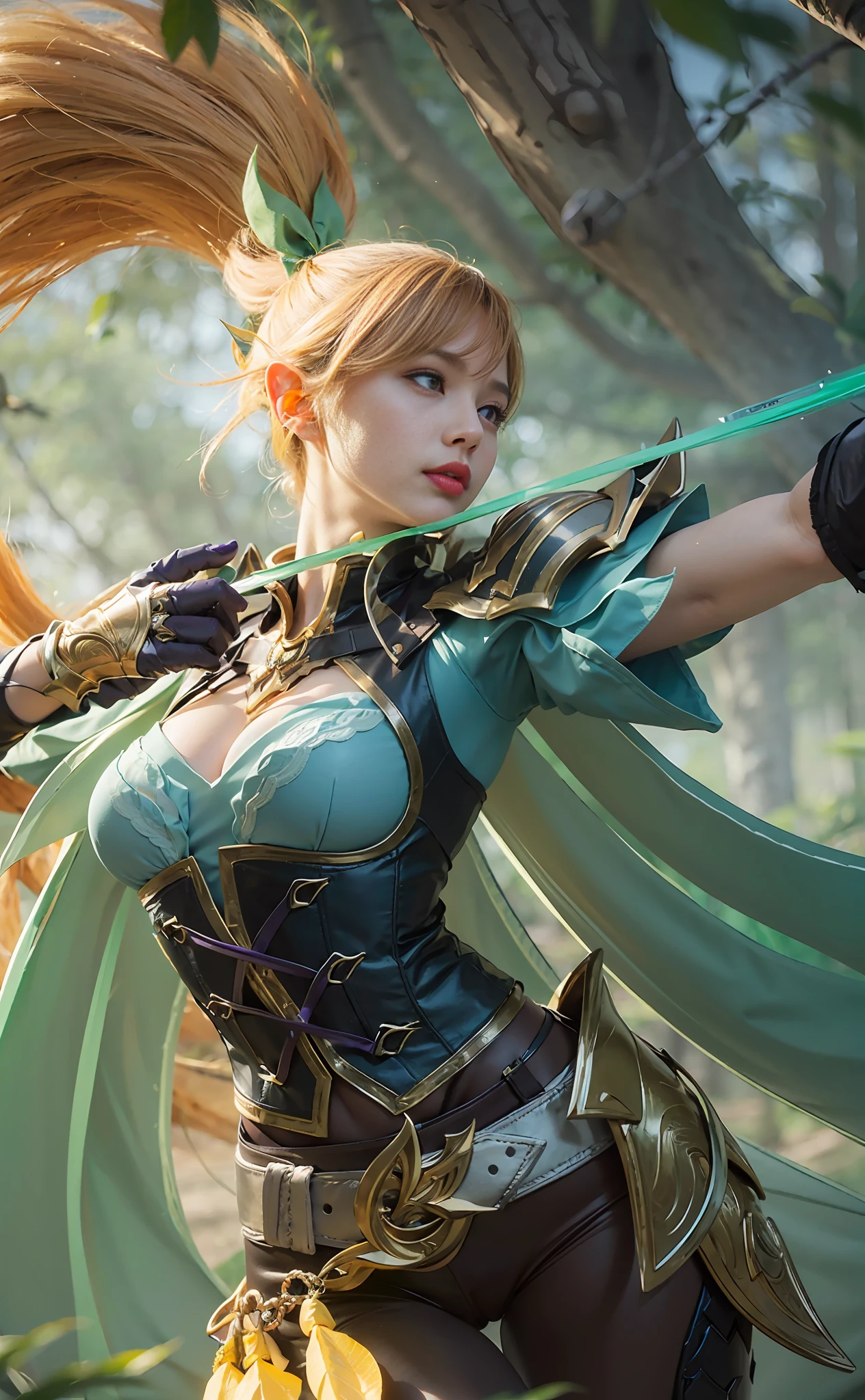 (female:1.2), 8k, ultra hd, ultra detailed texture, hyper realistic, masterpiece, detailed texture, detailed face, detailed skin, detailed lighting, (photorealistic:1.5), best quality, beautiful lighting, cinematic lighting, professional lighting, ultra highres, realistic, detailed hair, real hair, high quality, (realskin:1.5), extremely detailed, finely detail, ultra-detailed, 1girl, solo focus, elf, standing, pointy ears, (purple eyes:1.5), lips, nose, closed mouth, make up, pretty, beautifull, cute face, wonderland, eye shadow, very long hair, high ponytails, yellow hair, bangs, hair ornament, large breasts, cleavage, thigh, gloves, shoulder armor, armor, pauldrons, green corset, green dress, green cape, black pants, belt, holding weapon, holding bow \(weapon\), arrow \(projectile\), aiming, miya \(mobile legends\), looking aways, amazing pose, white skin, skin tight, outdoors, day, wind, deep forest background, yellow light, blurry background