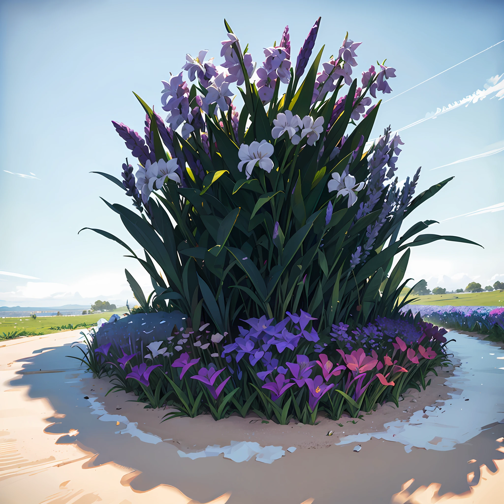 HDR 8K,3D,Very textured,A steppe,There is a perfect bush in the middle,The bushes are full of very delicate and beautiful iris flowers,There are a few more white clouds in the bright sunny blue sky, --auto