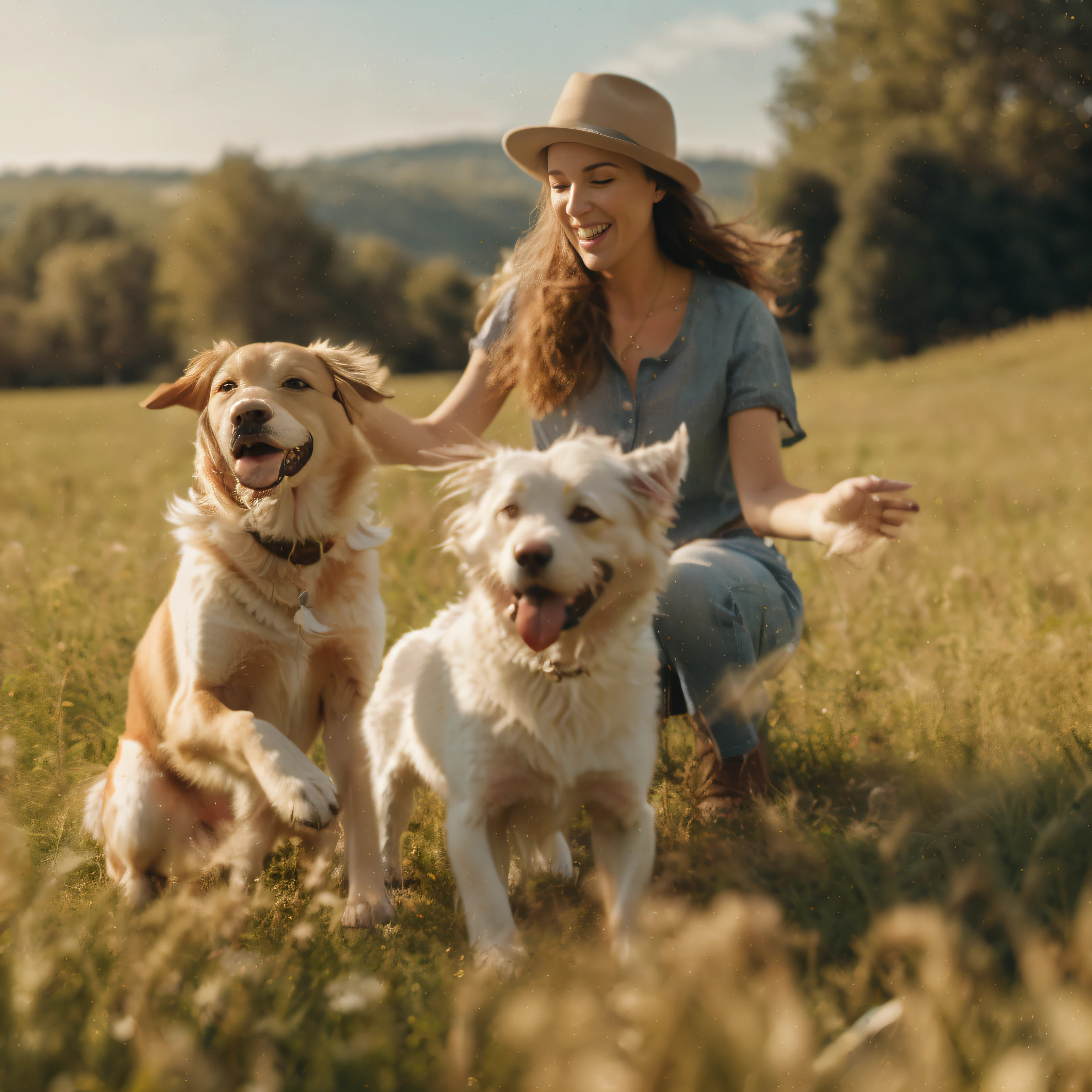 there is a woman kneeling in a field with two dogs, with dogs, On a sunny day, having a good time, artistic rendition, author：Emma Andievska, pets, Dogs, portrait shooting, shutterstock, having a good time, beautiful fine sky, pet animal, everyone having fun, with stray dogs, Sunny day, Tiere, arte mista, lifestyle