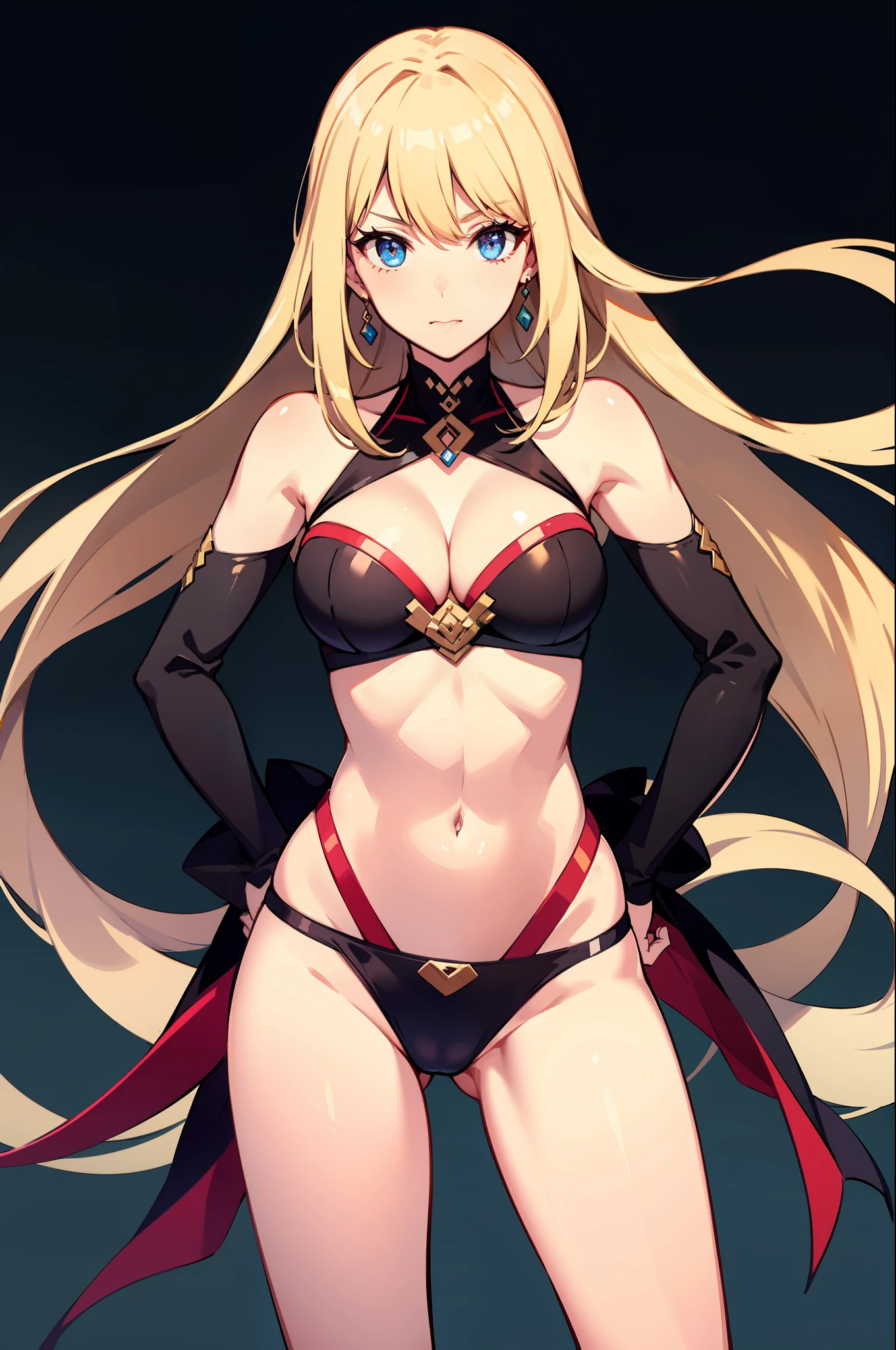 masterpiece, best quality, long hair, medium breast, cleavage, navel, slim legs, morgan fate blonde hair