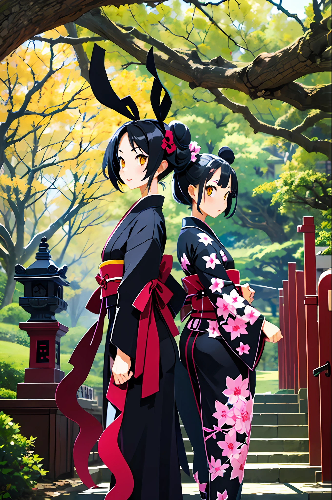 ((masterpiece,best quality)),2girls, black kimono, black legwear, black ribbon, black hair, cherry blossom, daytime, flower, bun, hair ribbon, japanese clothes, kimono, long hair, viewer, looking back, multiple girls, obi, outdoors, red eyes, red hair, ribbon, sandals, single hair bun, stairs, standing, statue, torii, tree, white kimono, yellow eyes