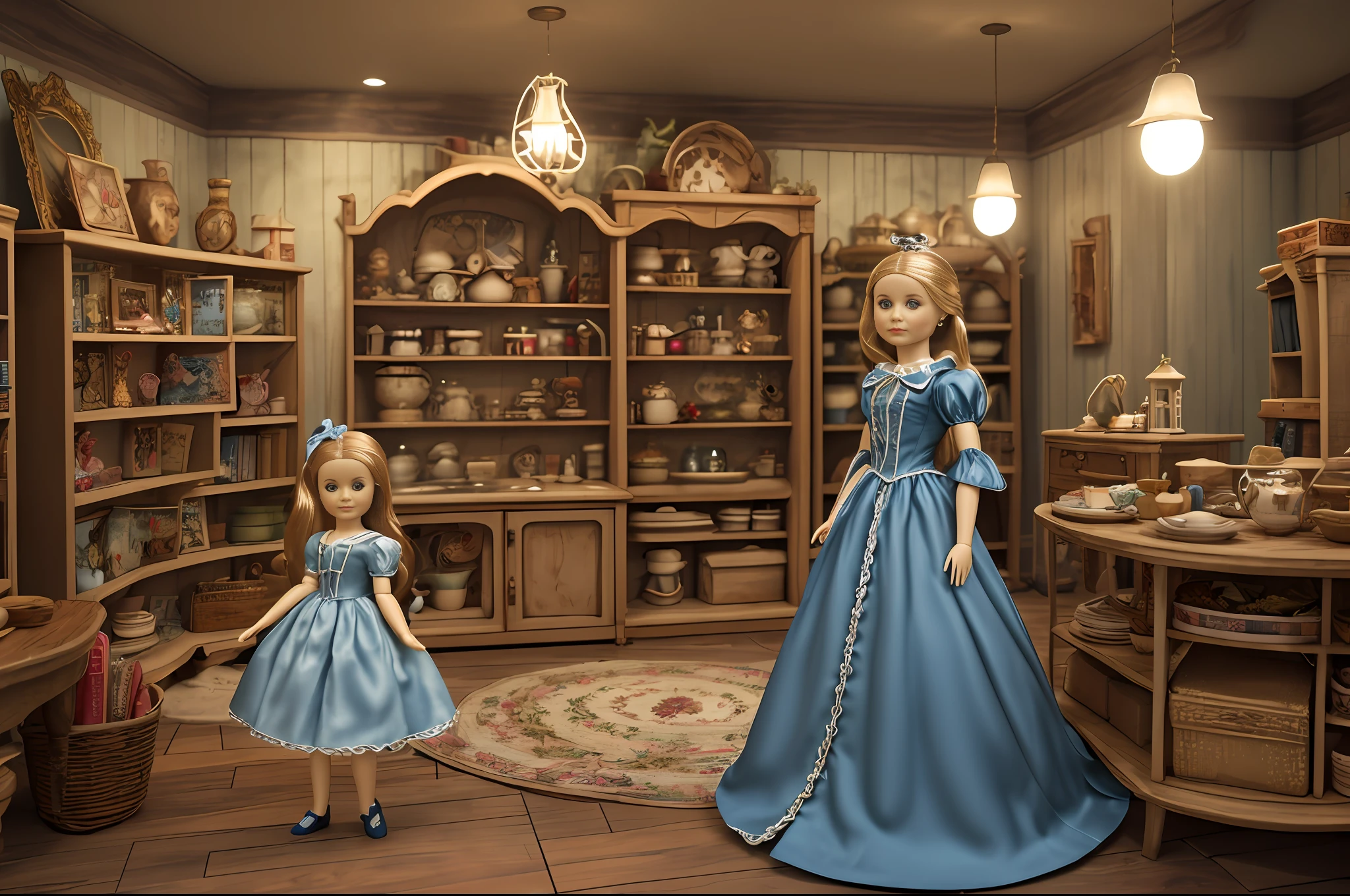 there is a doll in a blue dress standing in a room, beautiful render of a fairytale, photo of a victorian dollhouse, photorealistic disney, toy photography, several dolls in one photo, storybook wide shot :: hd, doll house, rendered in arnold, inside an old magical shop, toy commercial photo, storybook realism, alice in wonderland 3 d