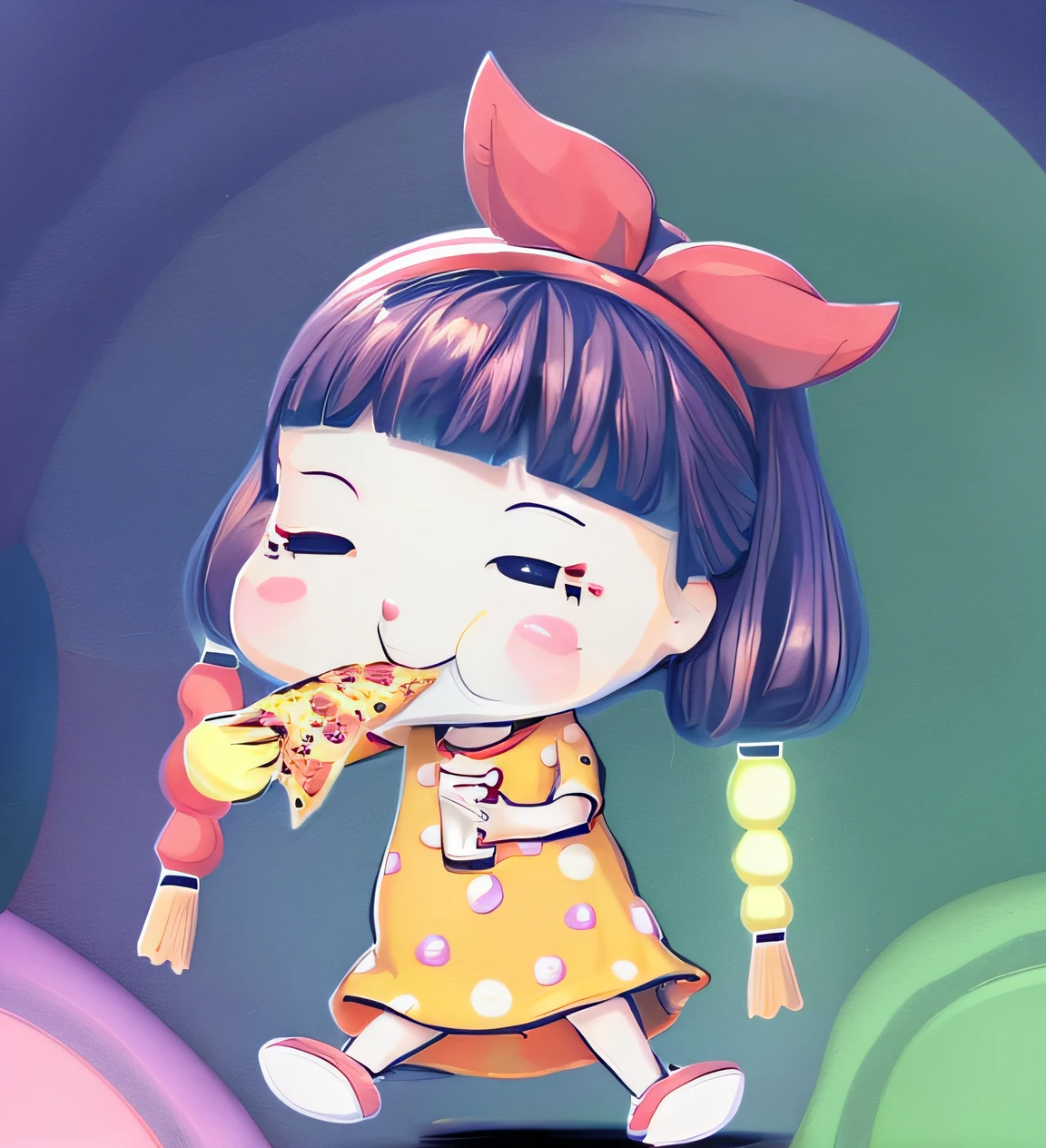 a cartoon girl eating a piece of pizza with a drink, eating pizza, eating pizza, munching pizza, buttercup eating pizza, Chibi T-Shi, kawaii:2, Cute cartoon character, holding pizza, Cartoon illustration, loli, Cute cartoon, estilo dos desenhos animados, girl, Cute girl, Petite girl, cartoon style illustration, sharing a pizza, Cartoon Cute, pizza