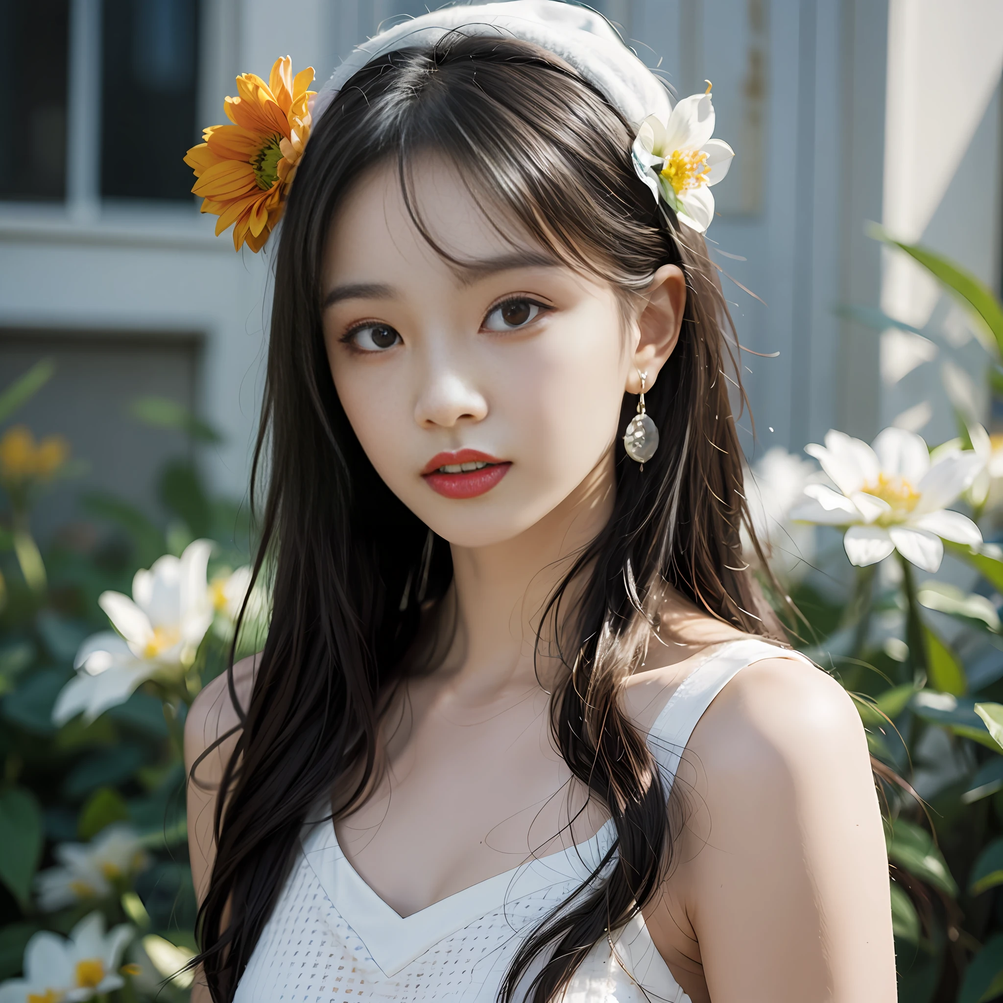 bj_Alice,1girl,Cleanface,Longblackhair,jewelry,flower,earrings,parted_lips,makeup,rose,bird,whiteheadwear,white_flower,building,portrait,blueflower,yellowflower,hatflower,redlips,orangeflower,CG,wallpaper,masterpaintings,Masterpiece,4k,8k,finedetail,Ultrahighresolution,bestquality,HD,intricatedetail,largefilesize,amazing,depthoffield,naturalshadow,(85mm,f/1.4,iso200,1/600:0.75),