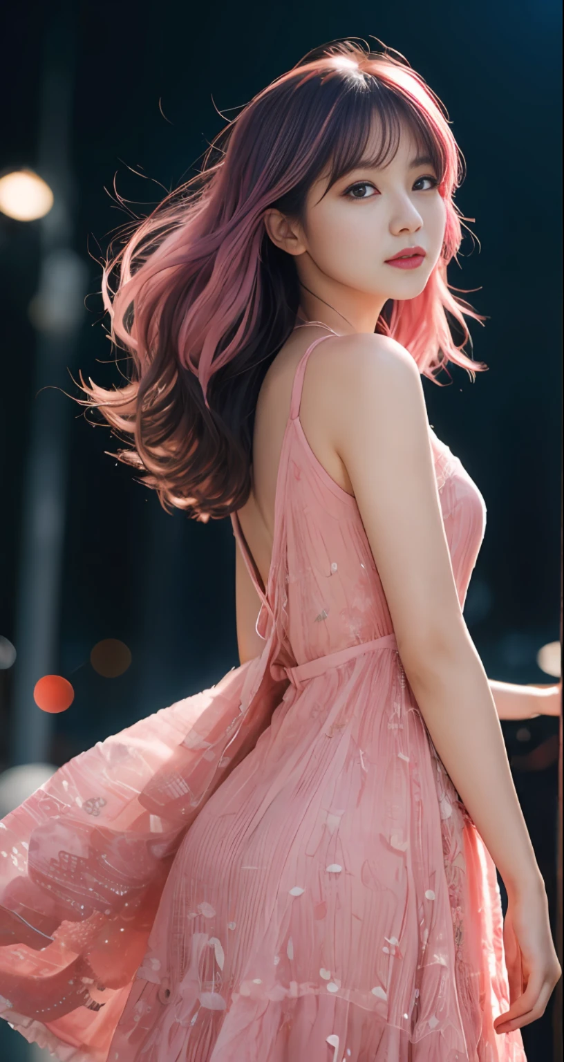 Erjie,Girl with a smooth and dynamic posture,Wearing a loose and flowing pink dress,The expression is mysterious,Curly black-pink hair,in a modern and abstract setting,Bold and colorful abstract art,a blurry background,Bright lights,offcial art,Unity 8k wallpaper,Complex clothes,zhongfenghua(Whole human body,from everywhere,nmasterpiece,Top Quality,最佳质量,offcial art,Beauty and aesthetics:1.2),Heavily detailed,(s fractal art:1.1),(a color:1.1)(blossoms:1.3),highest details,(dynamicpose),(Abstract background:1.3),(shiny skins),(many colors:1.4),(feather hair:1.5),dynamic angle,The most beautiful forms of chaos,elegantly,vividcolor,romanticism lain,
