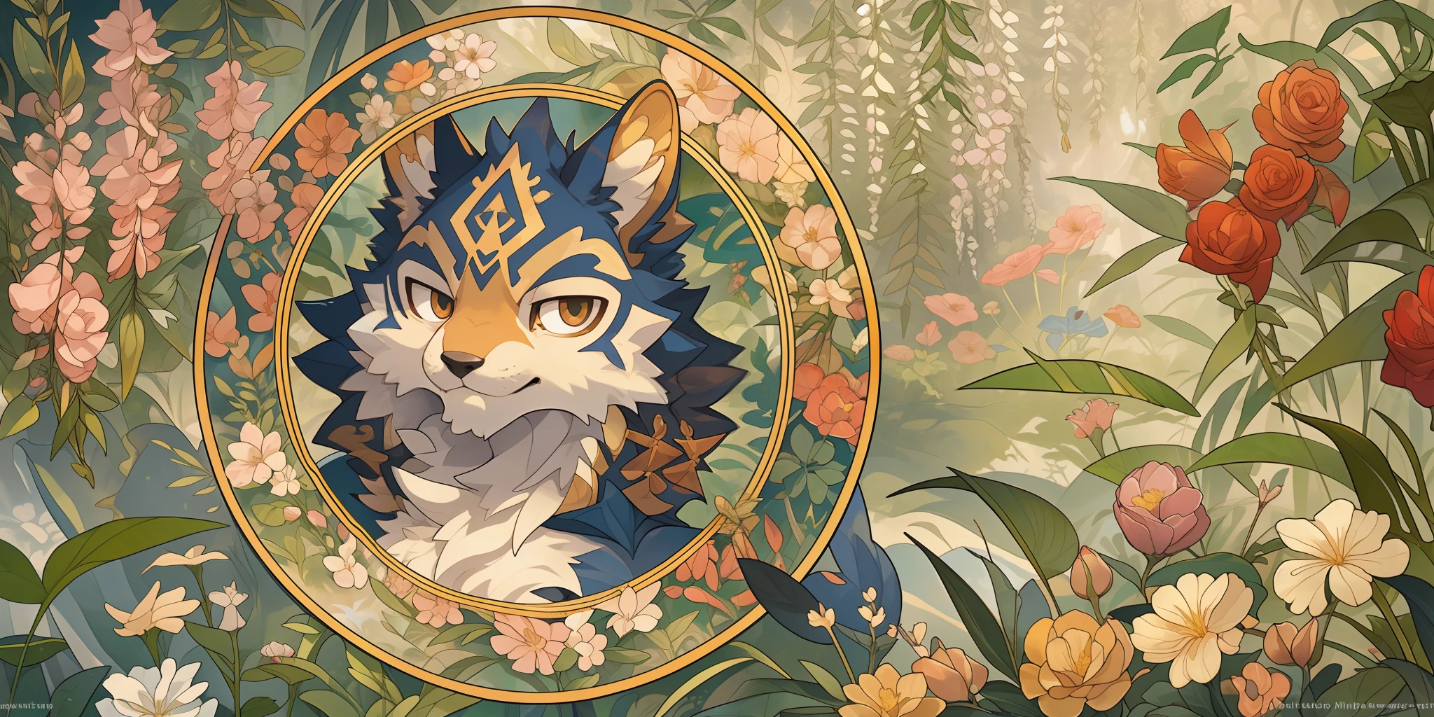 top quality, best quality, logo mark, stamp, Geometric pattern, vector-art, High-quality illustrations by Alfons Mucha, masterpiece(kemono, furry anthro)flower,