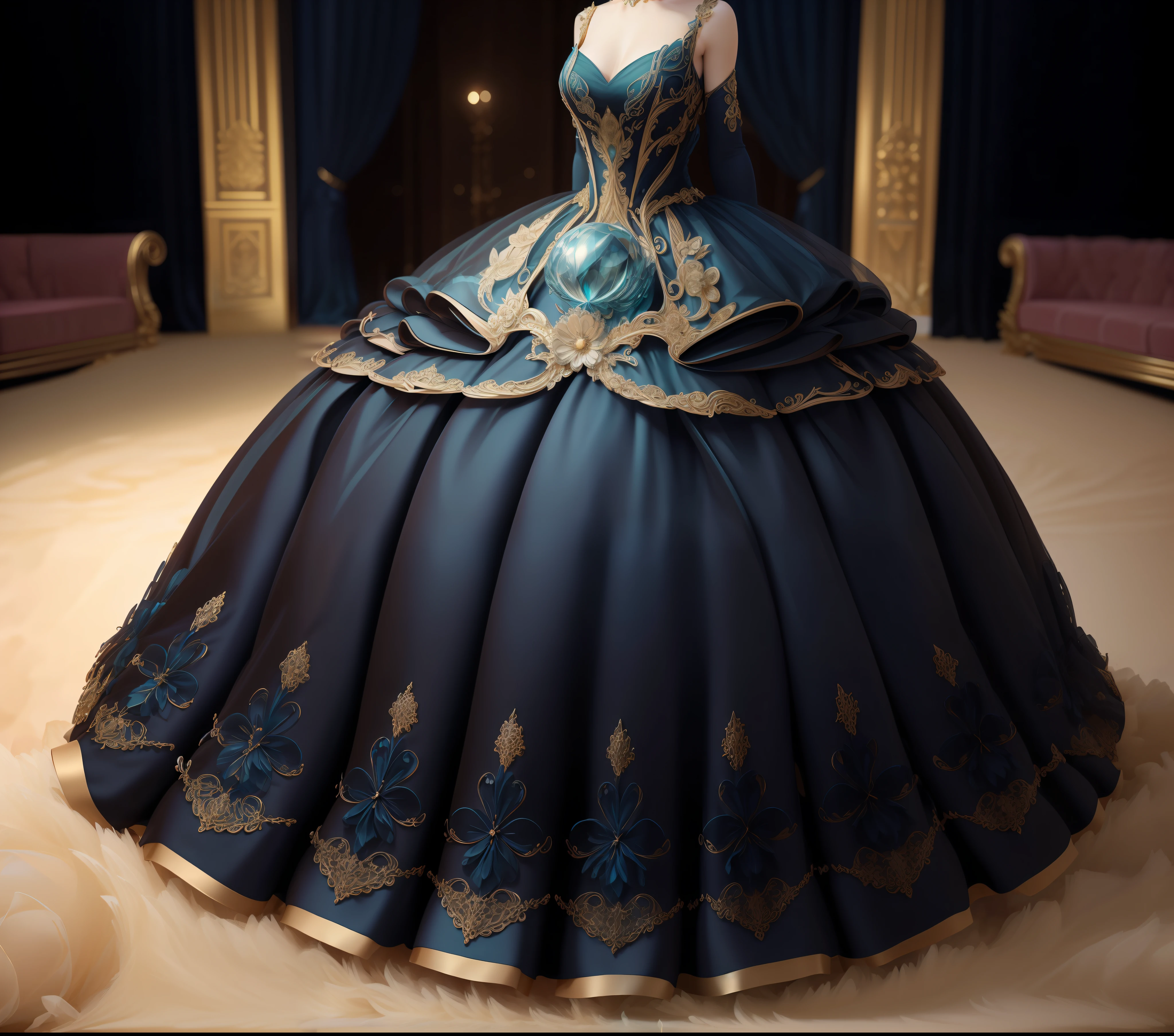 a goddess wearing a majestic light teal and gold ball gown dress, big beautiful dress, intricate puffy ball gown with lots of ruffles and rhinestones (Masterpiece, Top Quality, Best Quality, Official Art, Beautiful and Aesthetic: 1.2), (1 Flower), Full Body, Extremely Detailed, (Fractal Art: 1.3), Colorful, Most Detailed