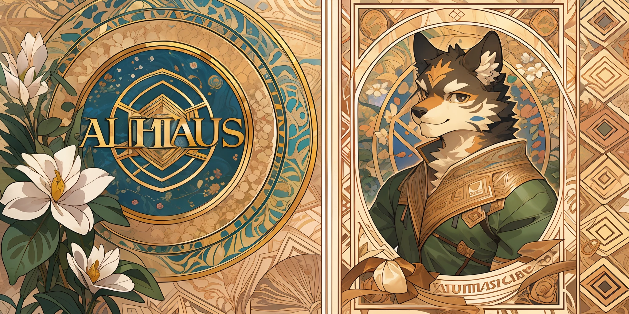top quality, best quality, logo mark, stamp, Geometric pattern, vector-art, High-quality illustrations by Alfons Mucha, masterpiece(kemono, furry anthro)flower,