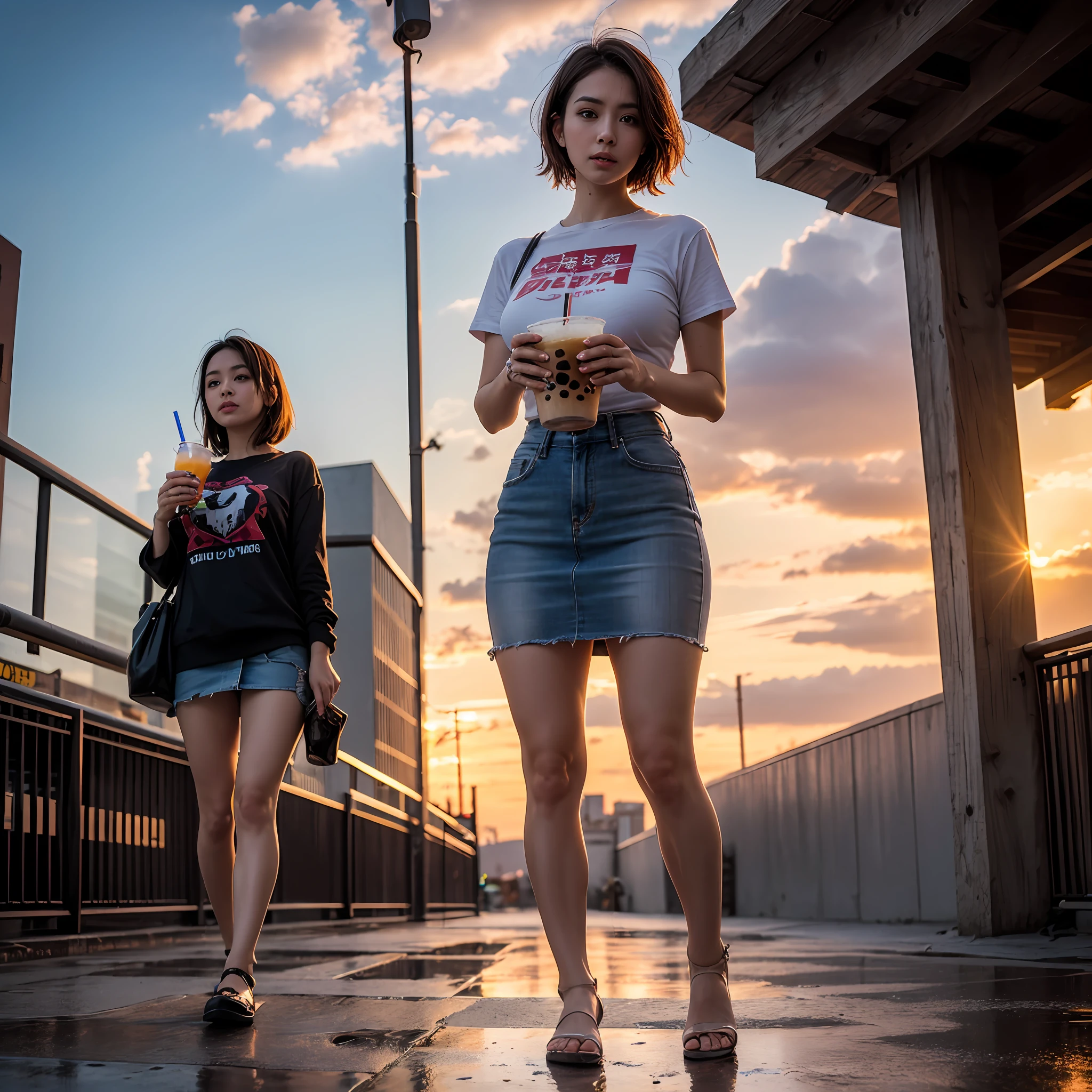 girl with a drink a straw in slush, thick body, 30 years old mature woman, 8k ultra hd, professional photography, (copper short pony hairstyle, short haired),high quality photo, simetrical face, blue eyes, very huge breast, drink boba tea, upset, blue tight t-shirt, yellow tight skirt, RAW photos, 8K, highest quality, super high resolution, beautiful face details, real human skin, , angle from below, wet hair,wet cloth,eyelid realistic, realistic, bold, short skirt, full body potrait, sunset, after rain street, sunset radiant, NFSW