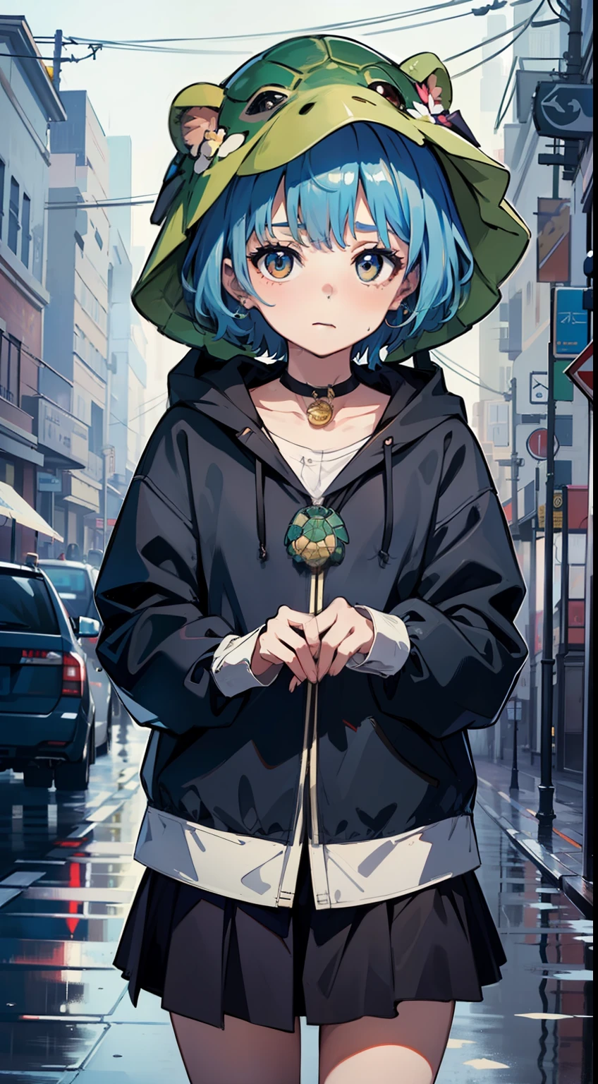 (best quality, masterpiece: 1.3), 1girl, rainy day, fog, looking at the viewer, blue hair, facing the photo, short hair, shy girl: 1.3, turtle girl: 1.3, ((turtle inspired accessories)), turtle patterned hair, turtle hat: 1.3,