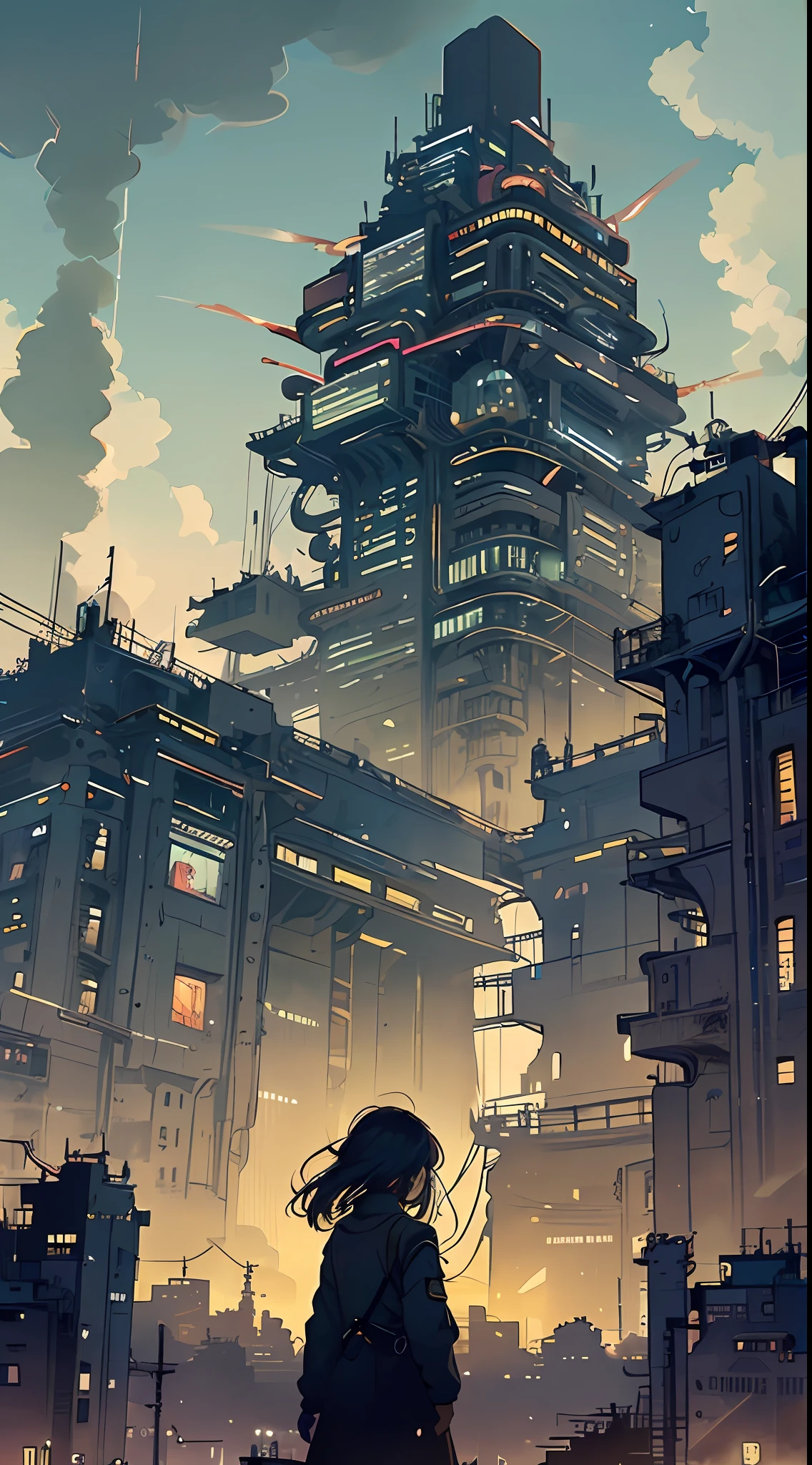 A ray of hope in a dystopia、A  girl wanders into a dark Chinese skyscraper、One littlck in the back center of the screen、Very complex cityscape、A devastated world、Pulling composition、industrial、High-definition depiction、A city lined with electric wires、Sundown、Make a story with 4 sheets