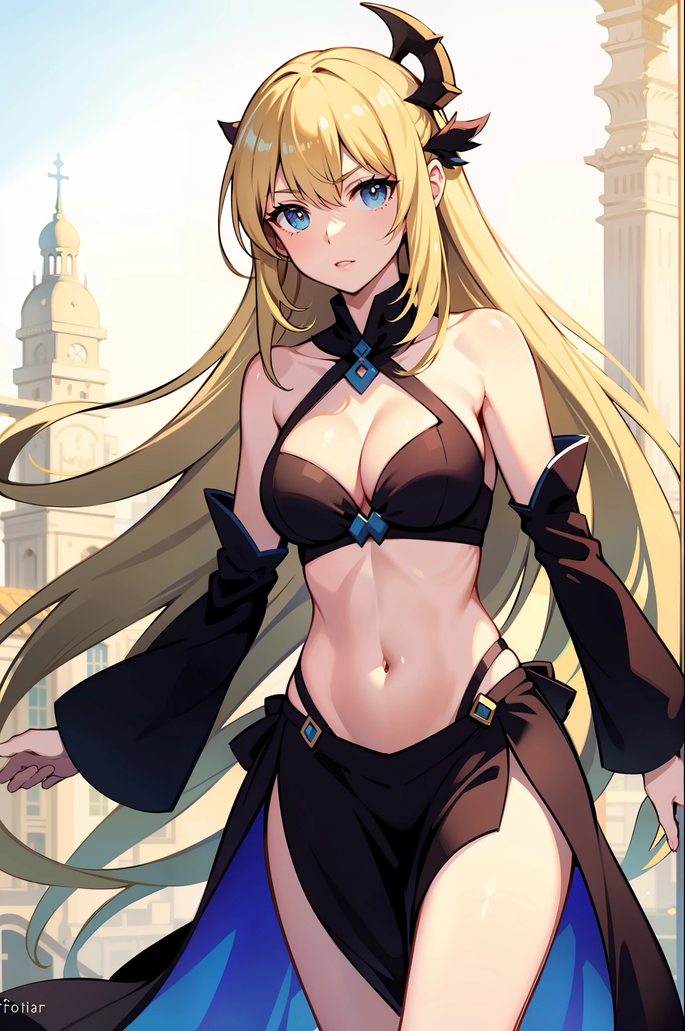 masterpiece, best quality, long hair,  medium breast, cleavage, navel, slim legs, morgan fate blonde hair, mage, forest,