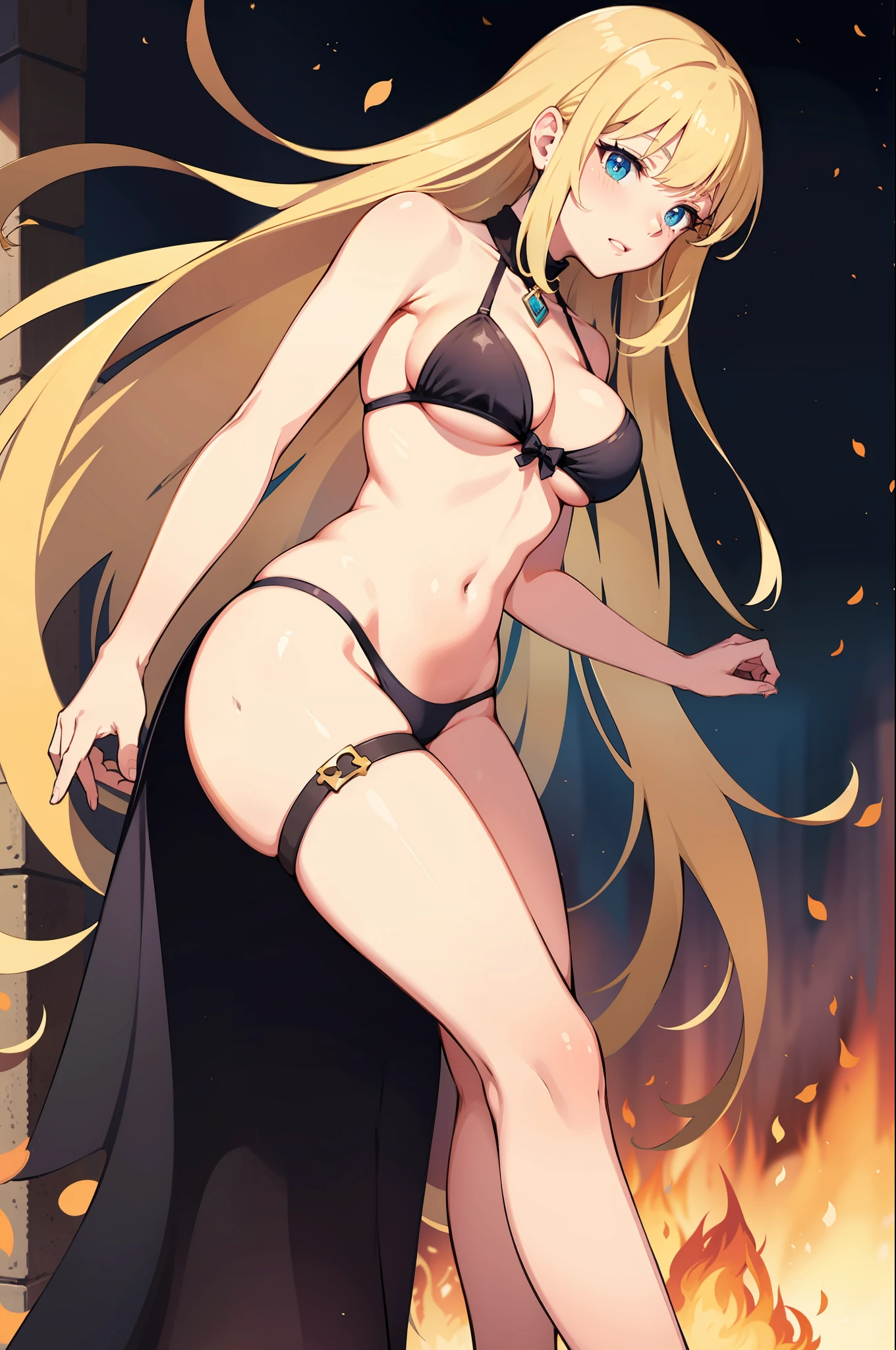 masterpiece, best quality, long hair,  medium breast, cleavage, navel, slim legs, morgan fate blonde hair, mage, forest,