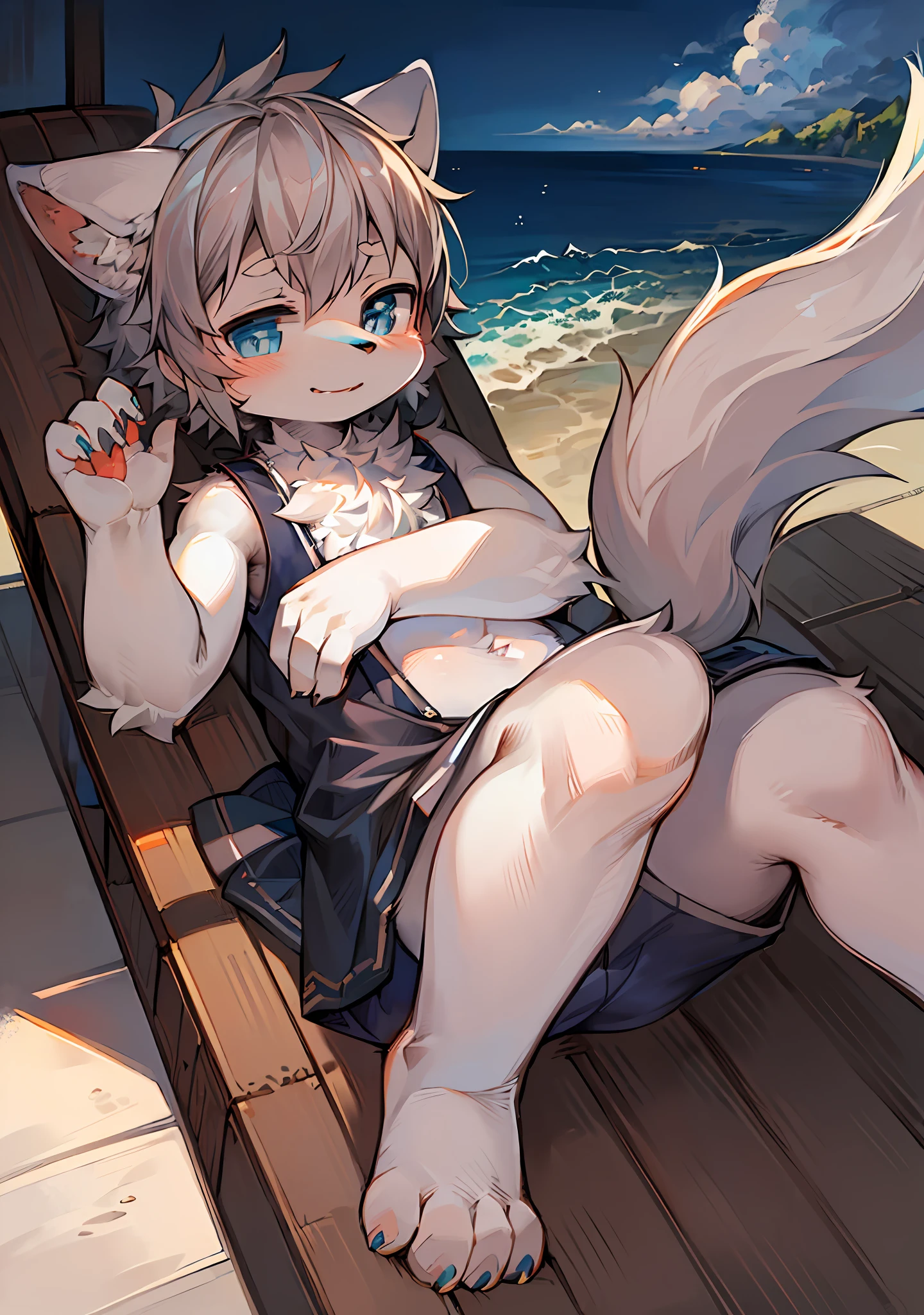 巨作,High quality,abstract res,Digital painting\(artworks\), by Dagasi, Yupa,Kiyosan,(anthro,Fluffy fur,Character focus:1.1),anthro male wolf,Short hair,Portrait , eyes with brightness, the panorama, Character focus.(detailedbackground:0.7), 独奏, shaggy, Hairy male, Male focus, anthr,(Full Body Furry, Fluffy tail, White fur, Blue eyes, Gray hair:1.2), (canid、wolfs:1.2),(Externally、daytime、beachside、sandbeach:1.1)